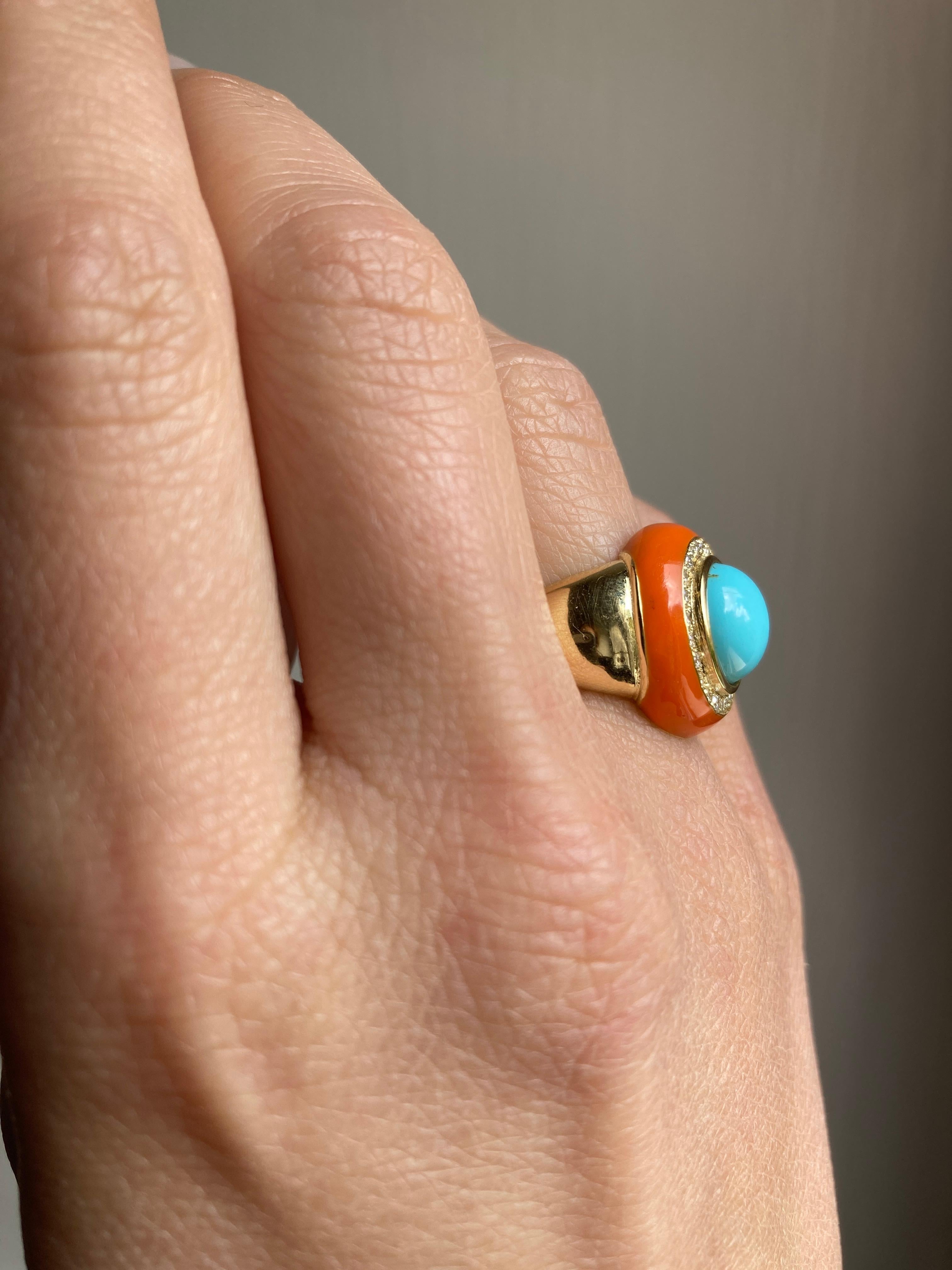 Rossella Ugolini 18K Yellow Gold Turquoise White Diamonds Cocktail  Ring For Sale 2