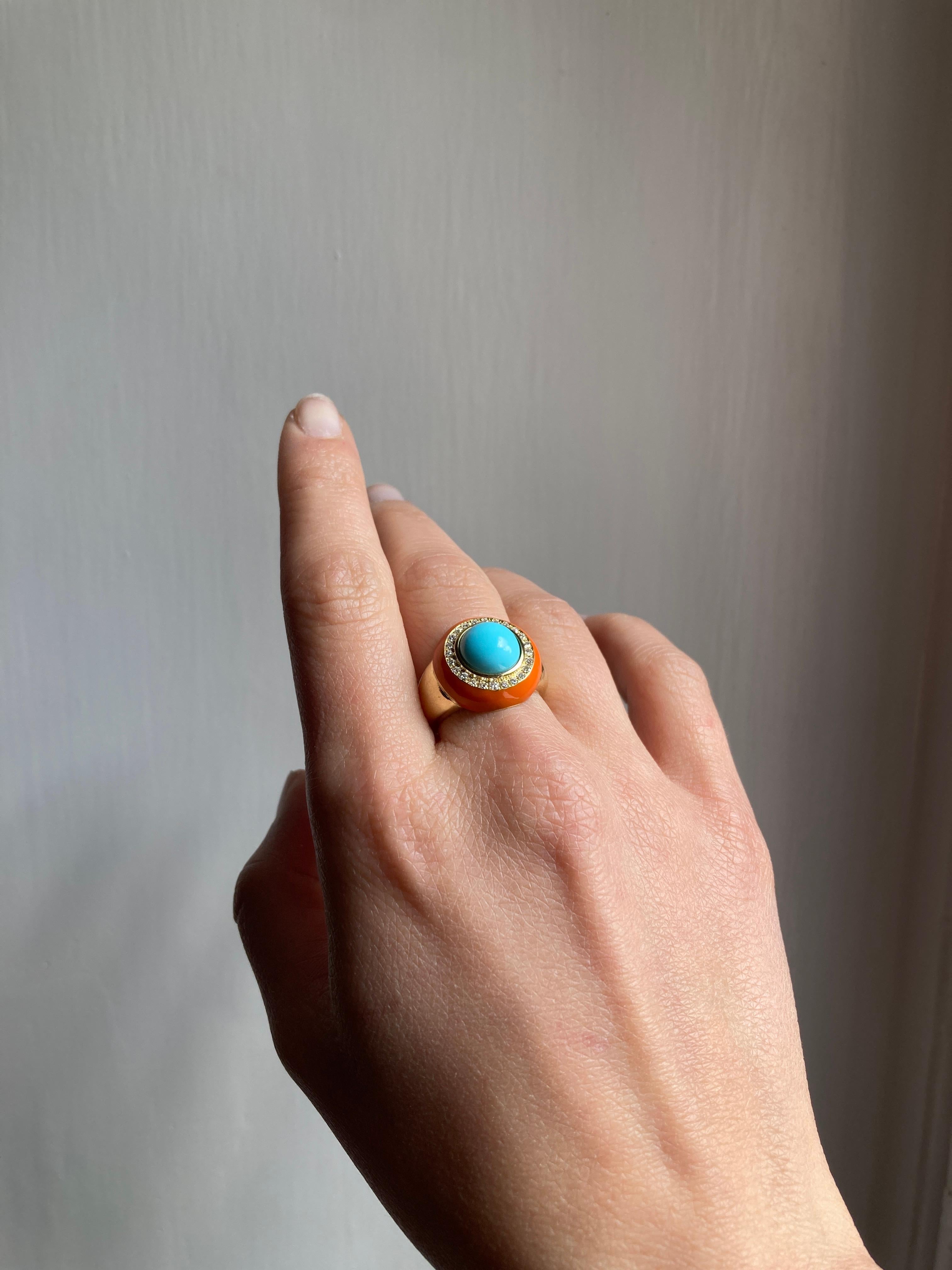 Rossella Ugolini 18K Yellow Gold Turquoise White Diamonds Cocktail  Ring For Sale 3