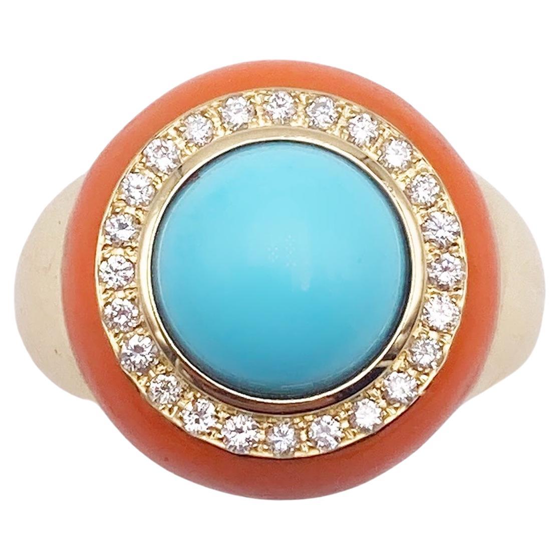 Rossella Ugolini 18K Yellow Gold Turquoise White Diamonds Cocktail  Ring  For Sale