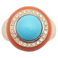 Rossella Ugolini 18K Yellow Gold Turquoise White Diamonds Cocktail  Ring 