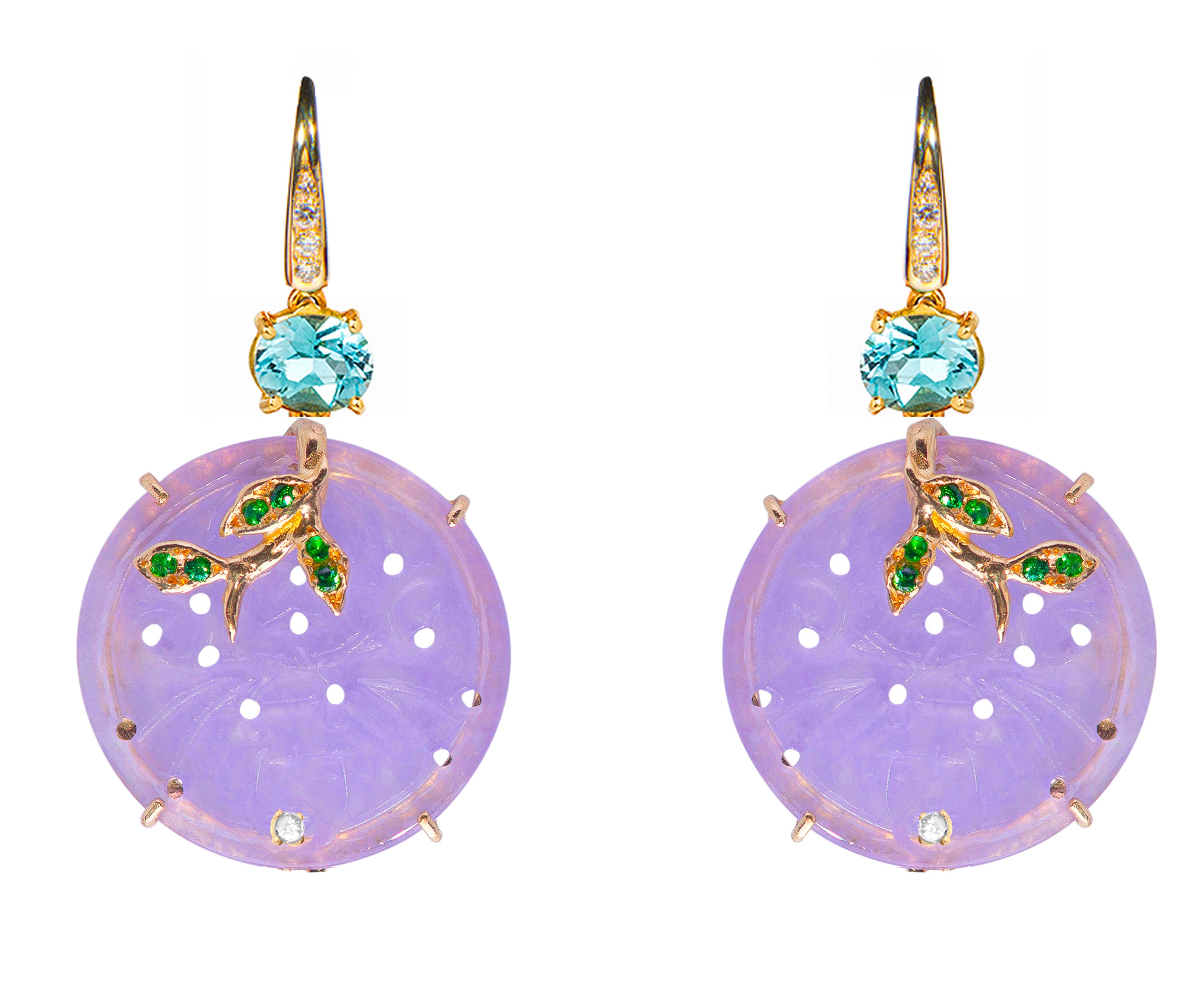 Taille brillant Pièce de monnaie Rossella Ugolini en or jaune 18 carats diamants blancs aigue-marine lilas  Boucles d'oreilles en vente