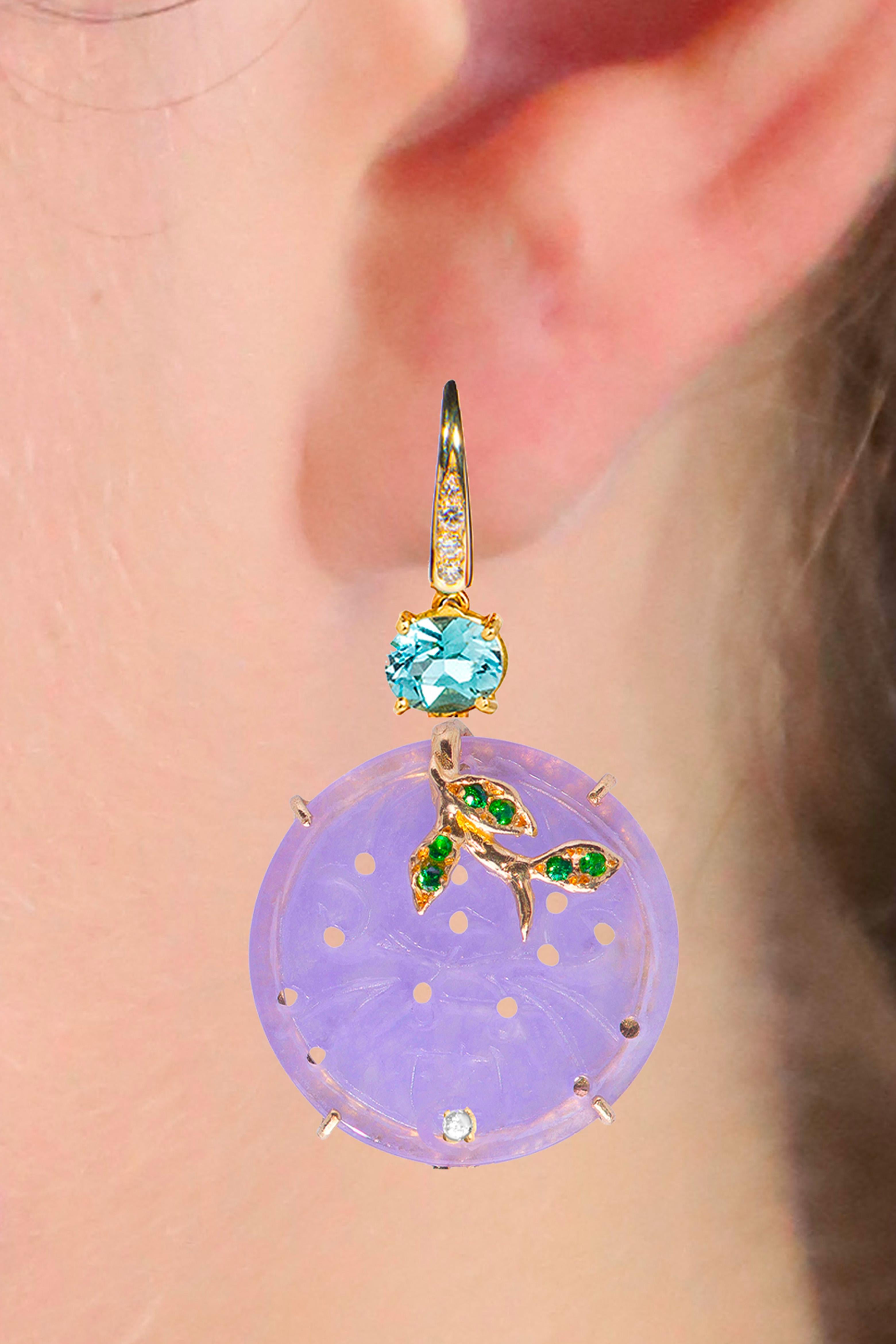 Pièce de monnaie Rossella Ugolini en or jaune 18 carats diamants blancs aigue-marine lilas  Boucles d'oreilles Pour femmes en vente