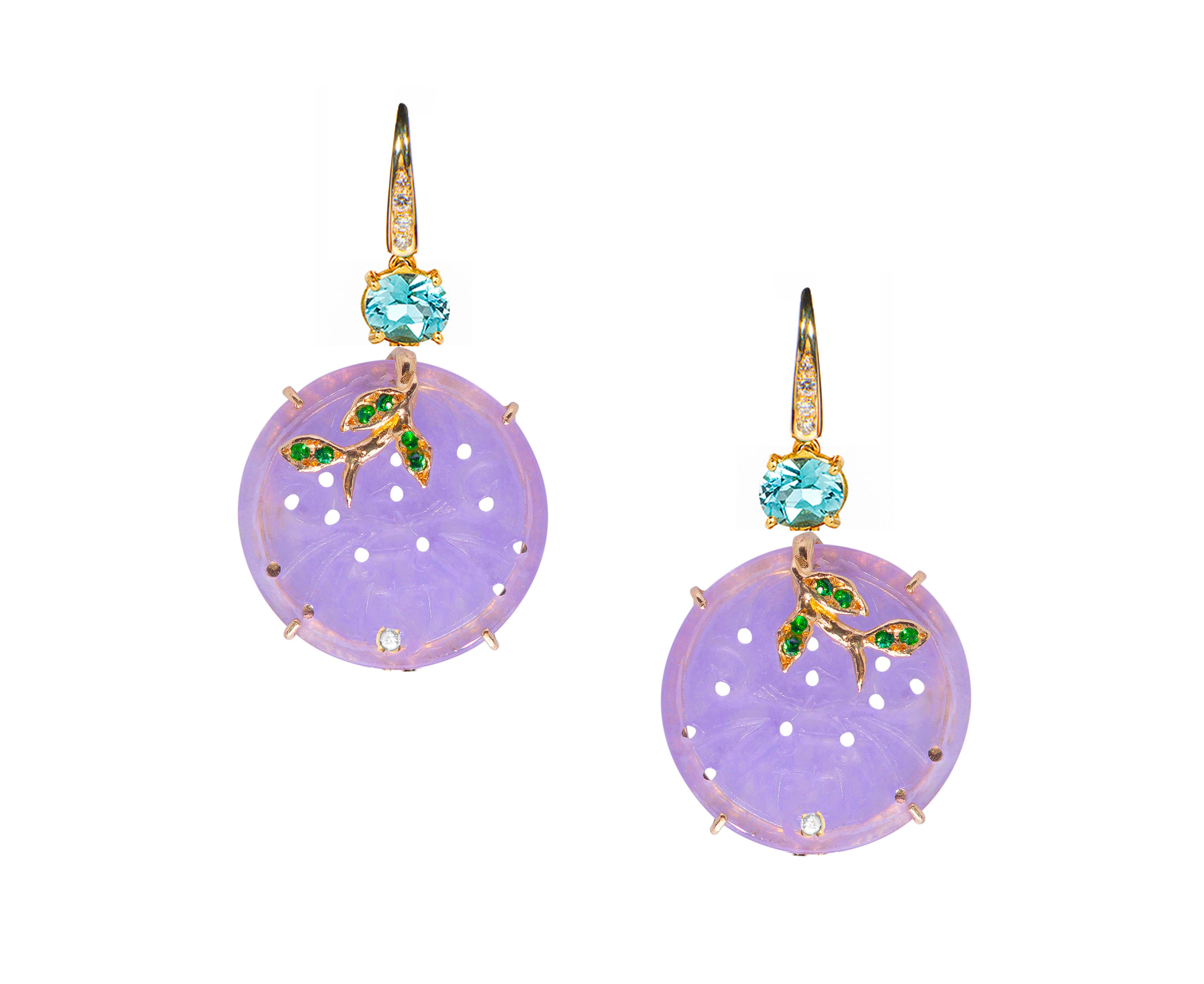 Pièce de monnaie Rossella Ugolini en or jaune 18 carats diamants blancs aigue-marine lilas  Boucles d'oreilles en vente 2
