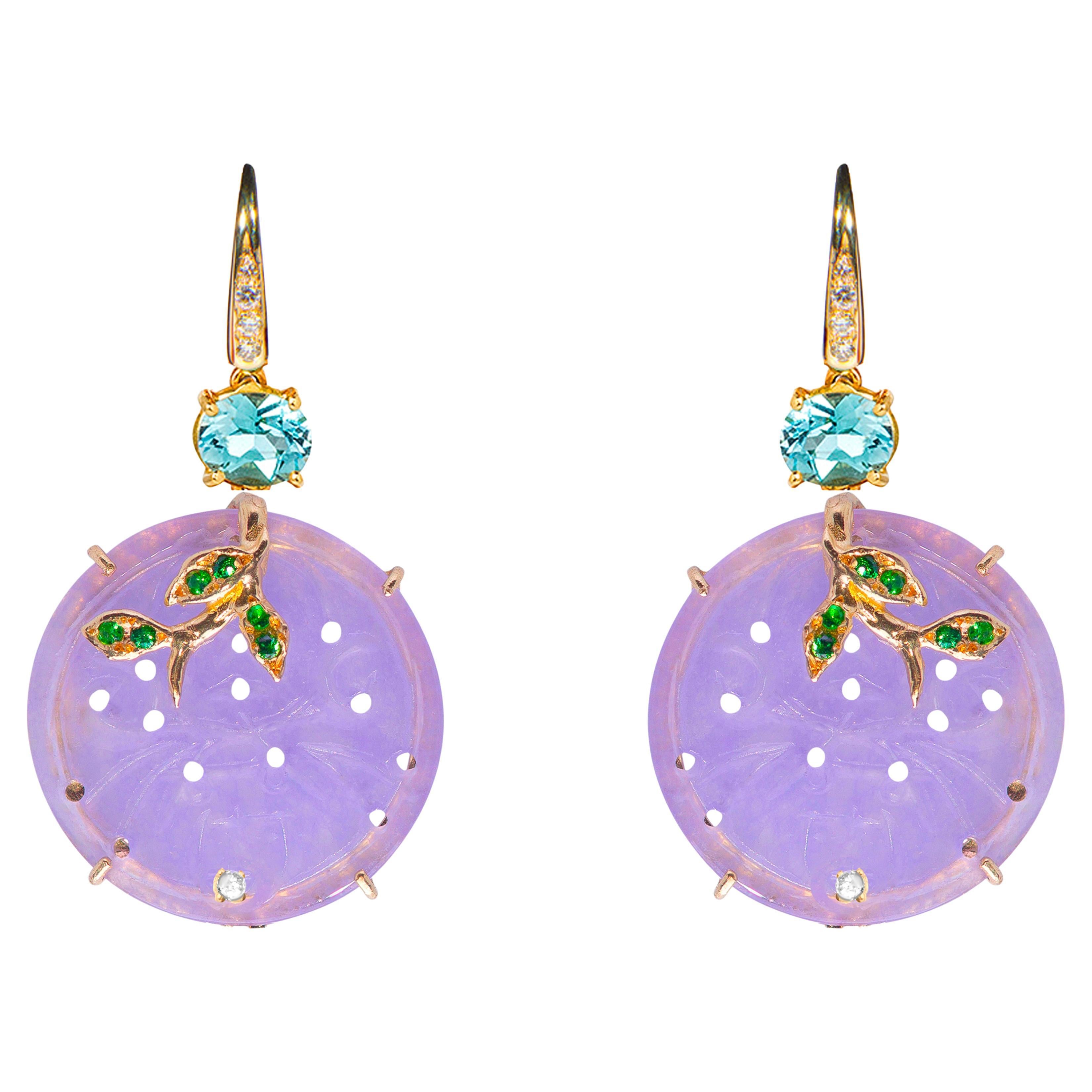 Pièce de monnaie Rossella Ugolini en or jaune 18 carats diamants blancs aigue-marine lilas  Boucles d'oreilles en vente