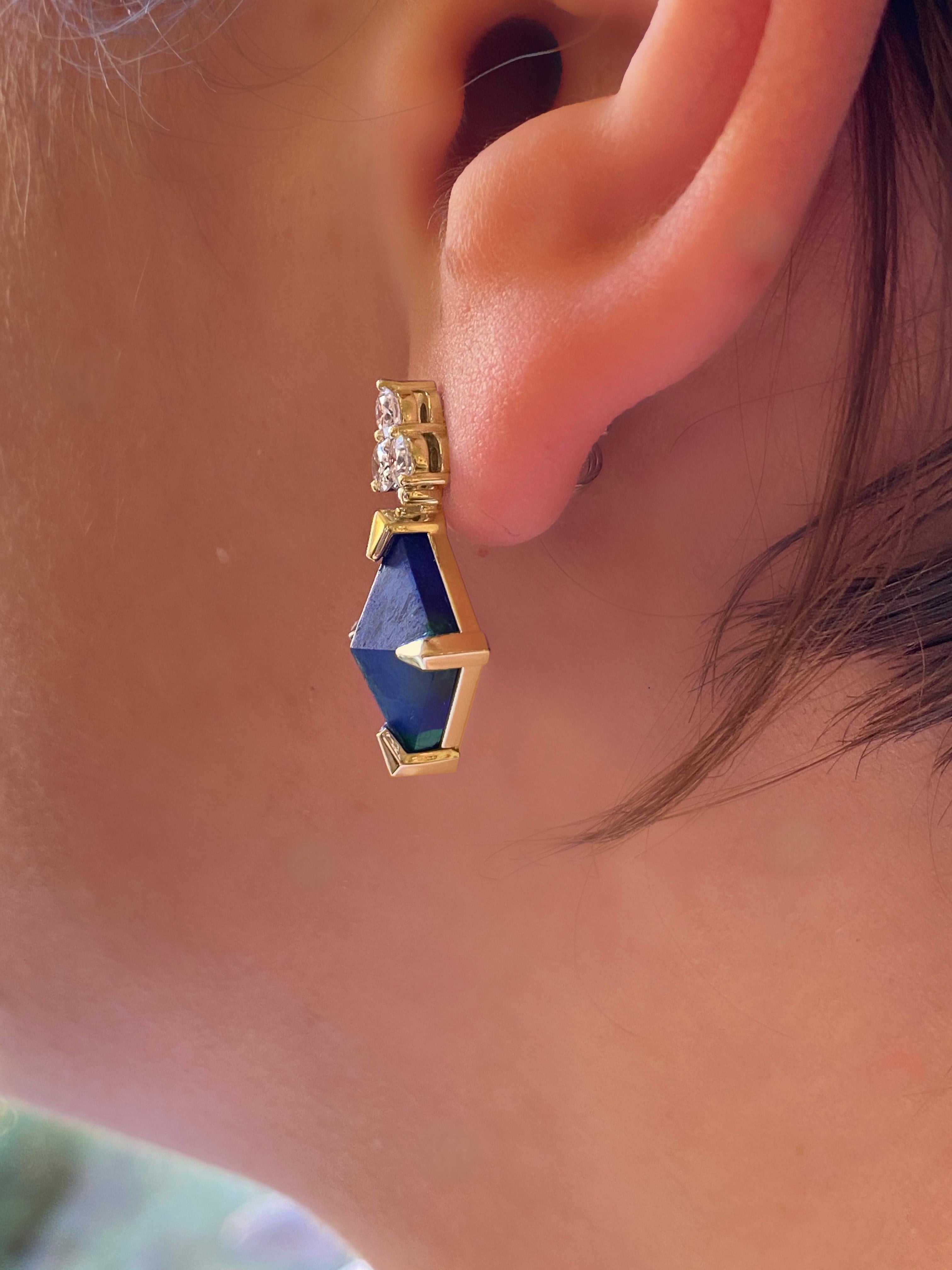 Rossella Ugolini 18k Yellow Gold White Diamonds Lapis Lazuli Malachite Earrings im Angebot 7