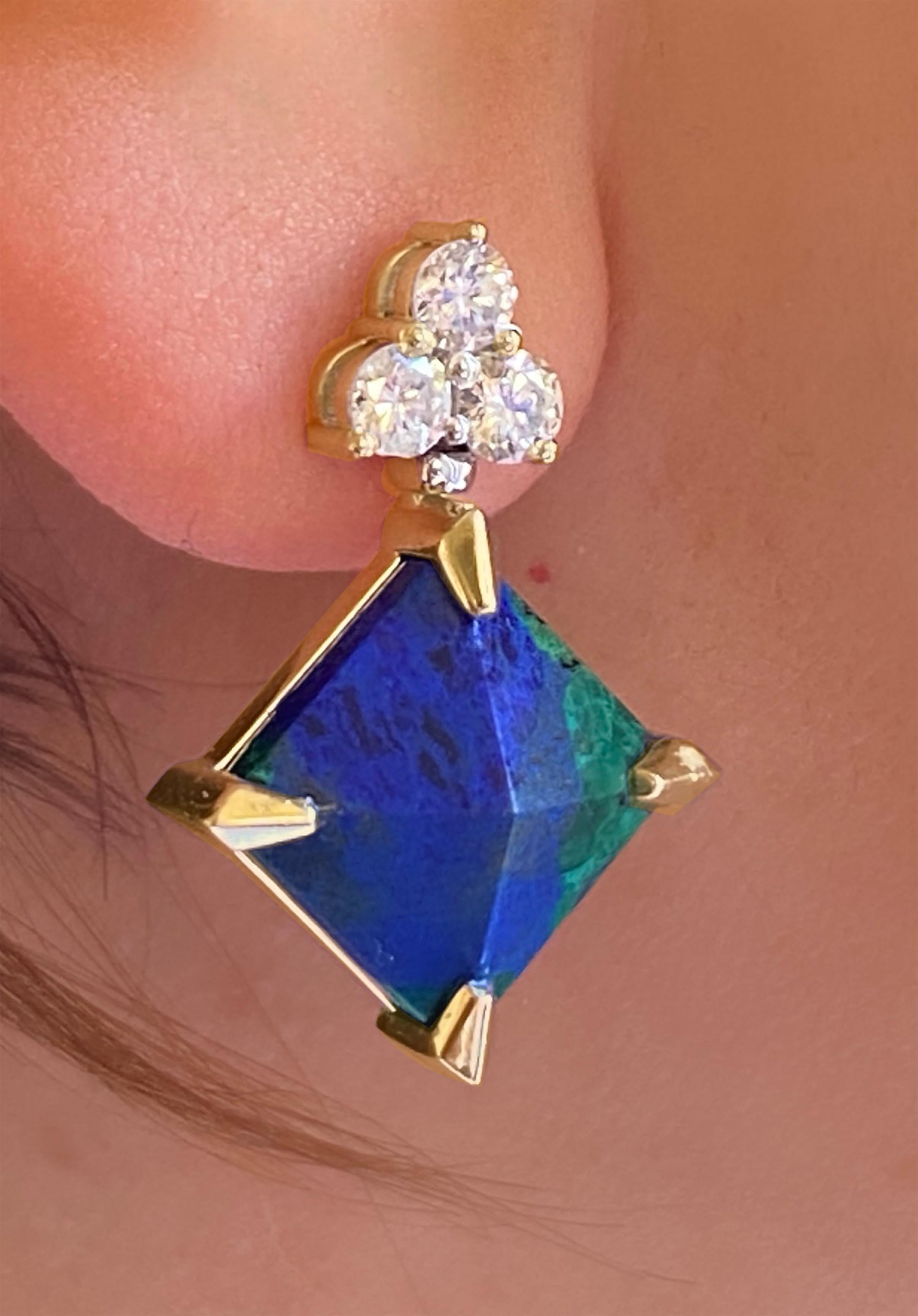 Rossella Ugolini 18k Yellow Gold White Diamonds Lapis Lazuli Malachite Earrings (Moderne) im Angebot