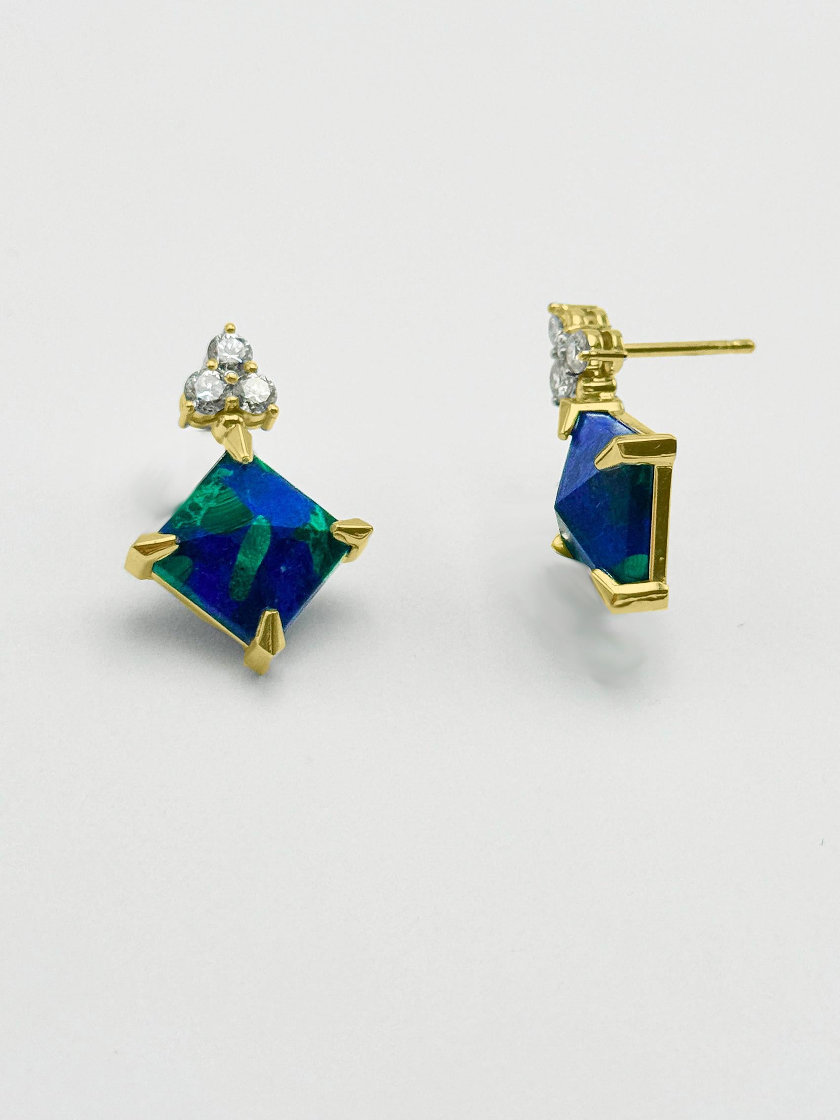 Rossella Ugolini 18k Yellow Gold White Diamonds Lapis Lazuli Malachite Earrings (Brillantschliff) im Angebot