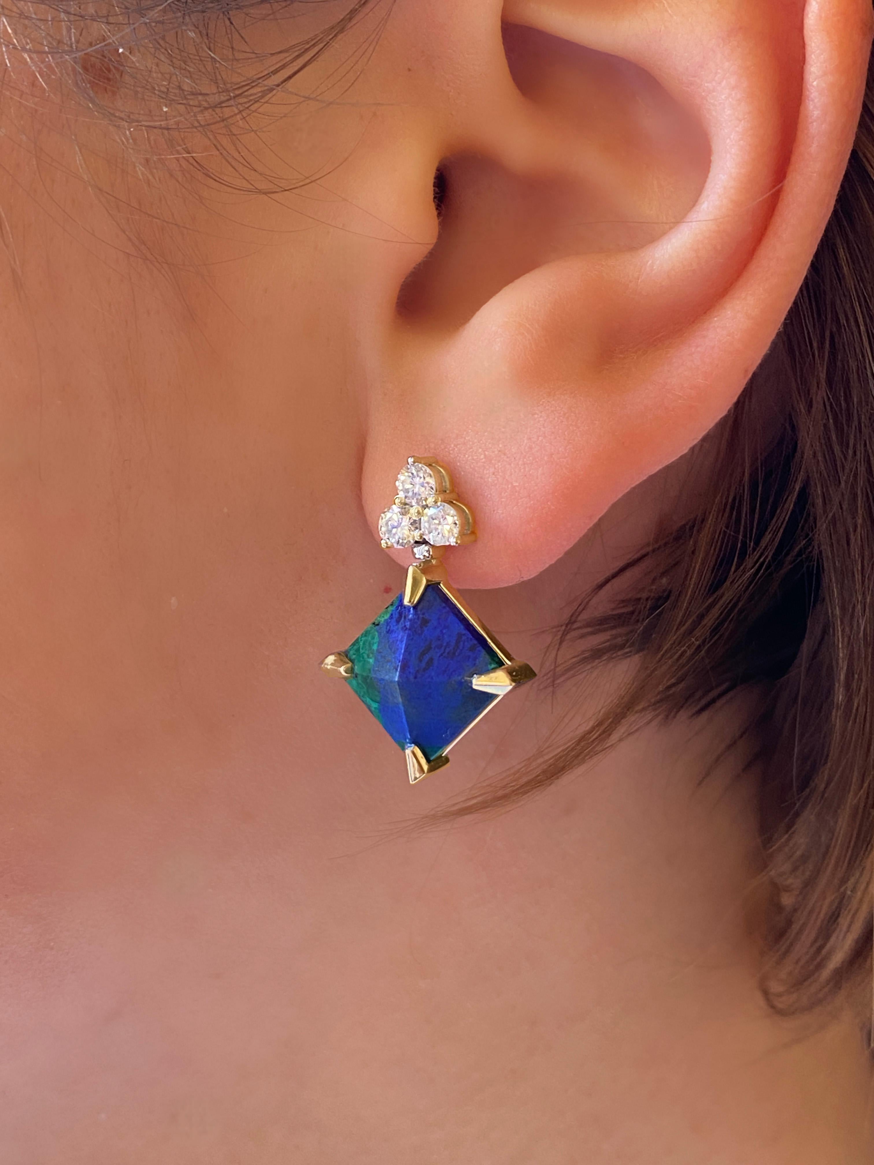 Rossella Ugolini 18k Yellow Gold White Diamonds Lapis Lazuli Malachite Earrings im Zustand „Neu“ im Angebot in Rome, IT