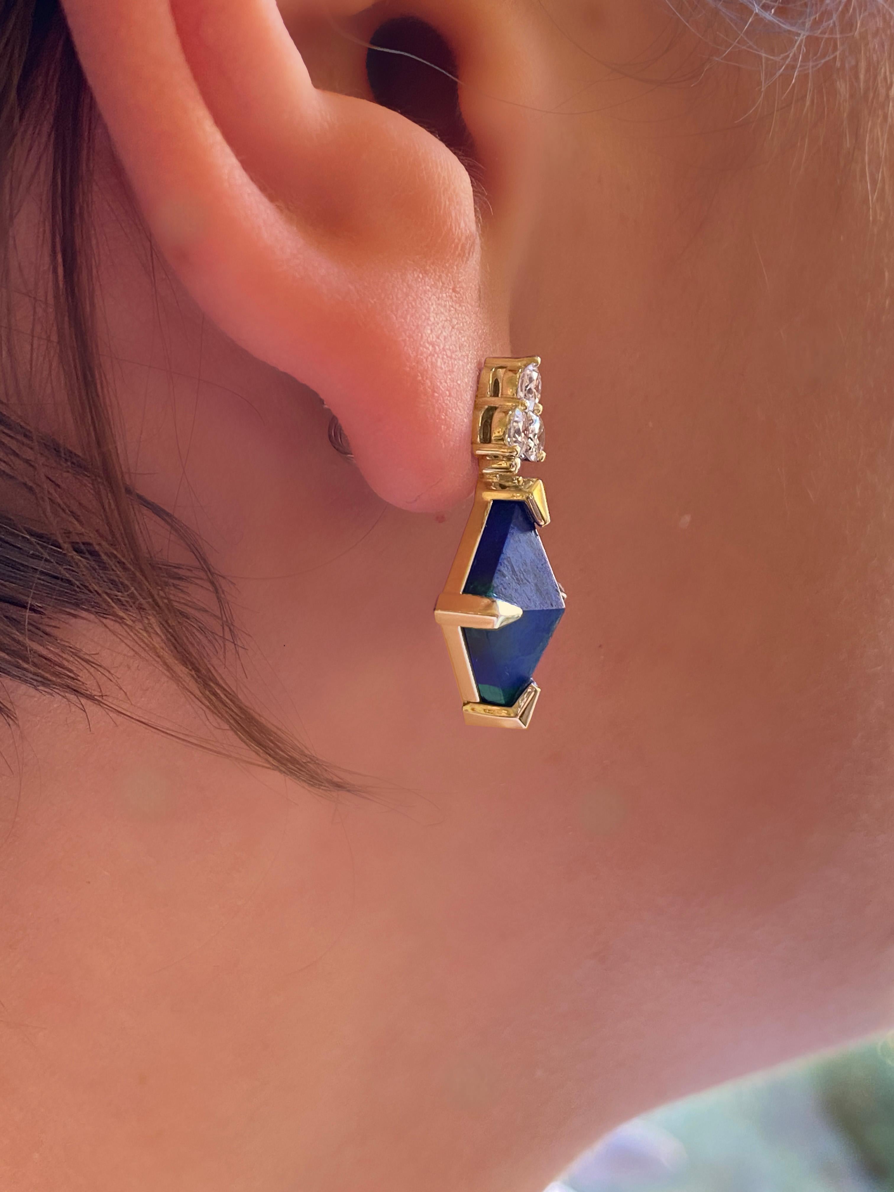Rossella Ugolini 18k Yellow Gold White Diamonds Lapis Lazuli Malachite Earrings im Angebot 1