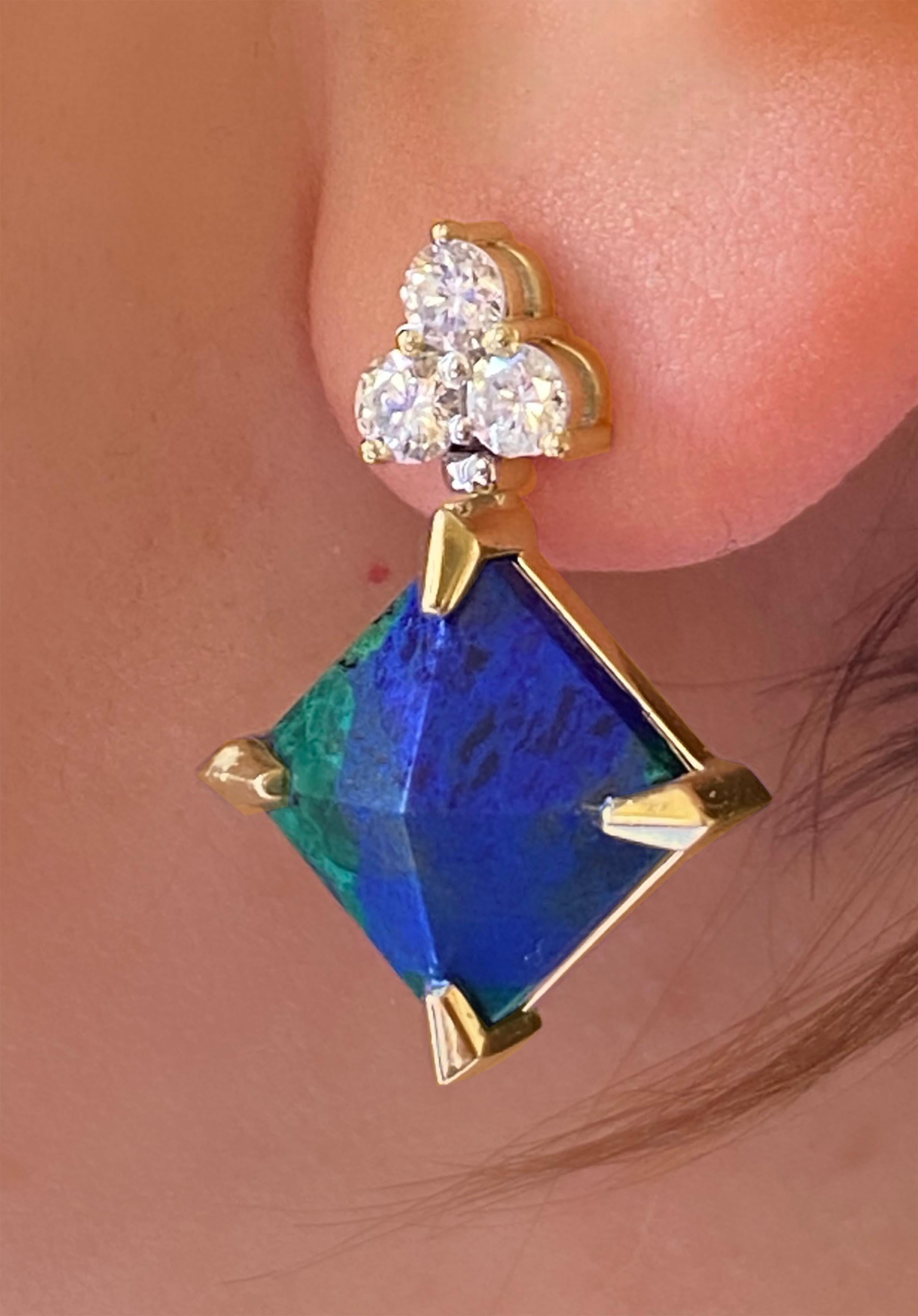 Rossella Ugolini 18k Yellow Gold White Diamonds Lapis Lazuli Malachite Earrings im Angebot 3