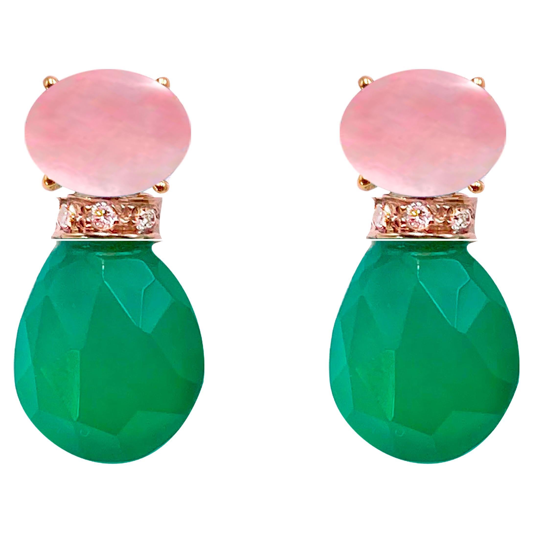 Rossella Ugolini 18K Yellow Gold White Diamonds Pink Opal Drop Earrings