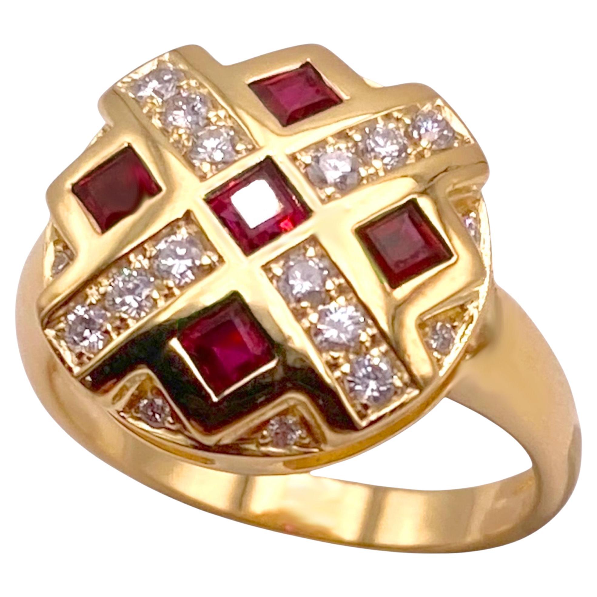 Bague cocktail Rubys Chess en or jaune 18k et diamants blancs Rossella Ugolini en vente