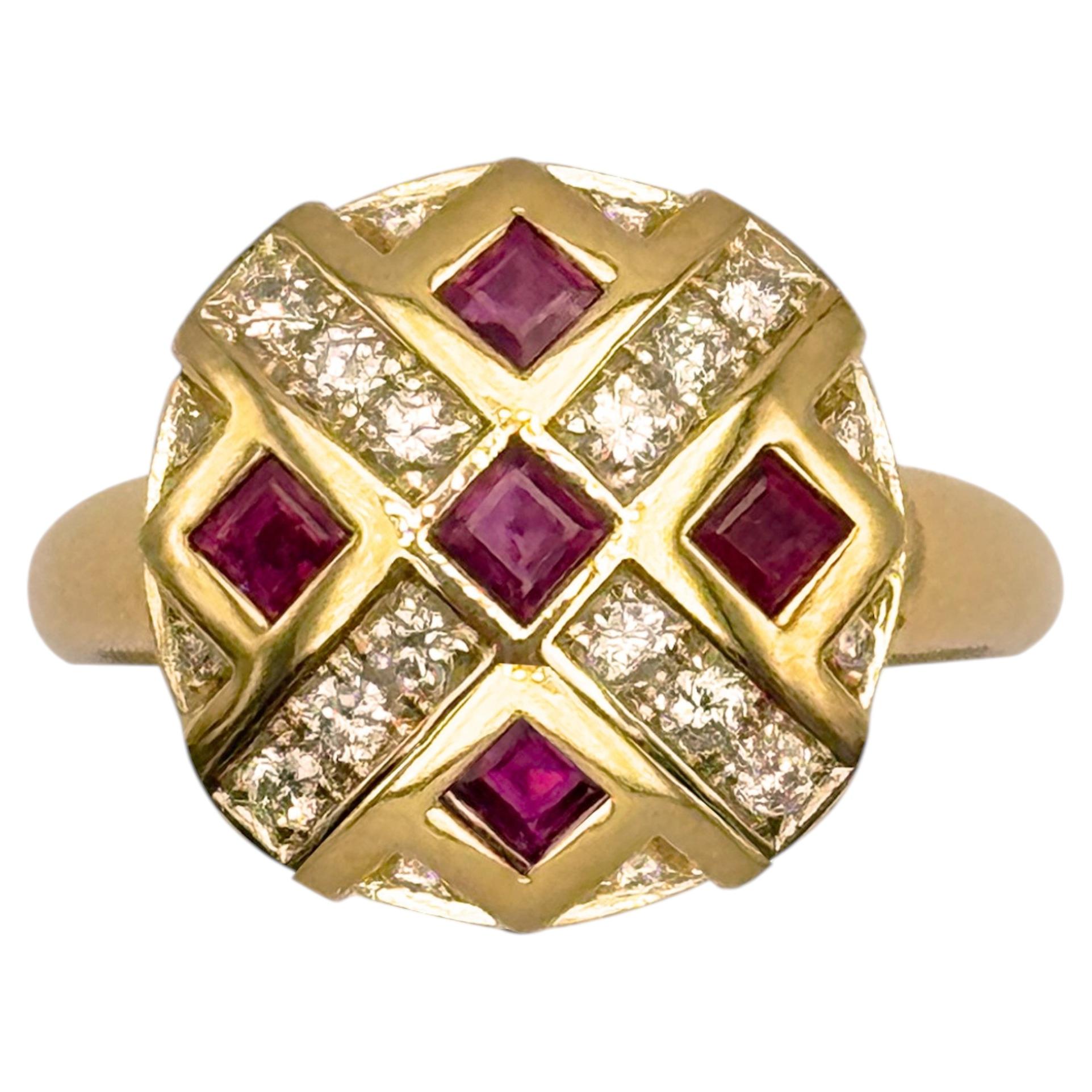 Rossella Ugolini 18k Yellow Gold White Diamonds Rubys Chess Cocktail Ring For Sale