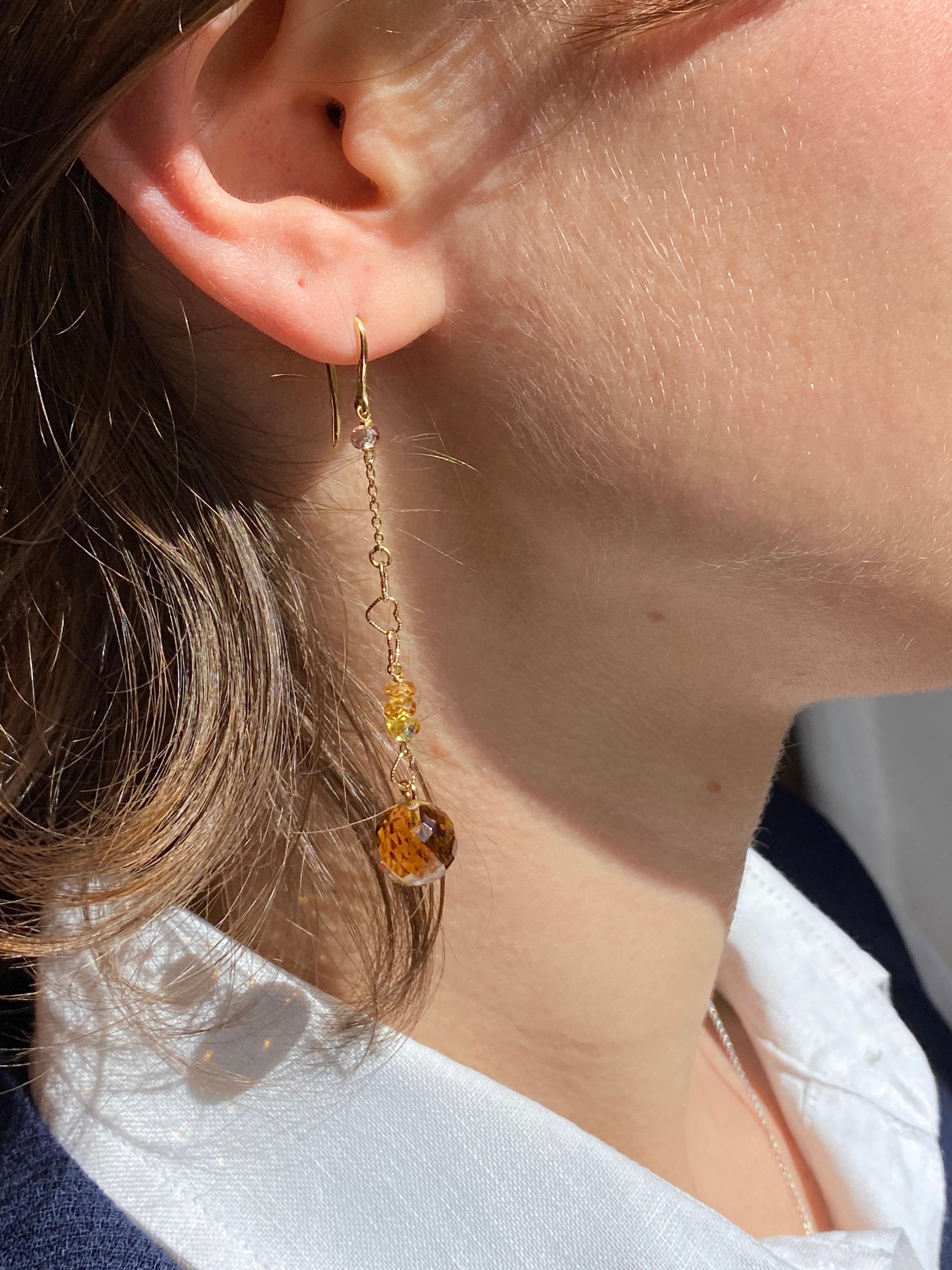 Modern Rossella Ugolini 18k Yellow Gold Yellow Sapphires Heart Chain Dangle Earrings For Sale