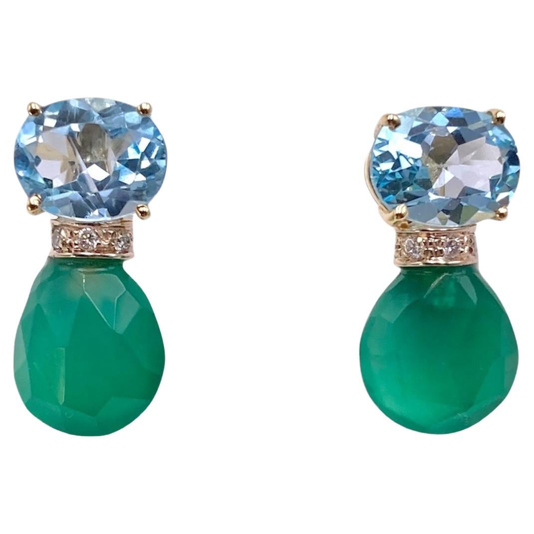 Rossella Ugolini 18Kt Yellow Gold Aquamarine Diamonds Green Agate Stud Earrings For Sale