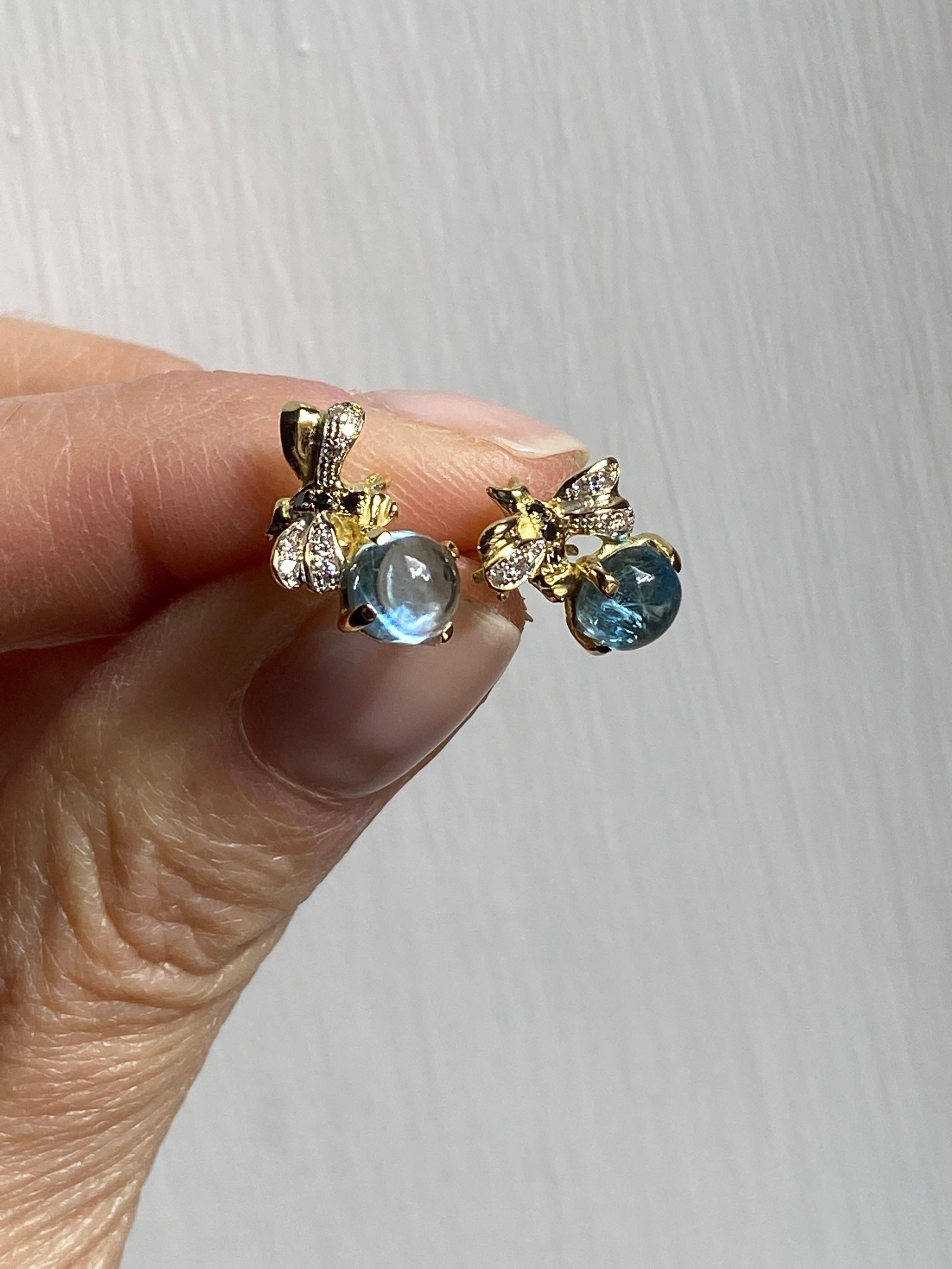 Rossella Ugolini 2.16 Kt Aquamarine 18K Gold Diamonds Bees Stud Earring For Sale 3