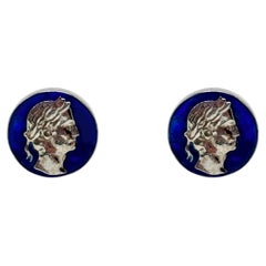 Rossella Ugolini Gemelos de monedas artesanales de esmalte azul chapados en oro de 24 quilates