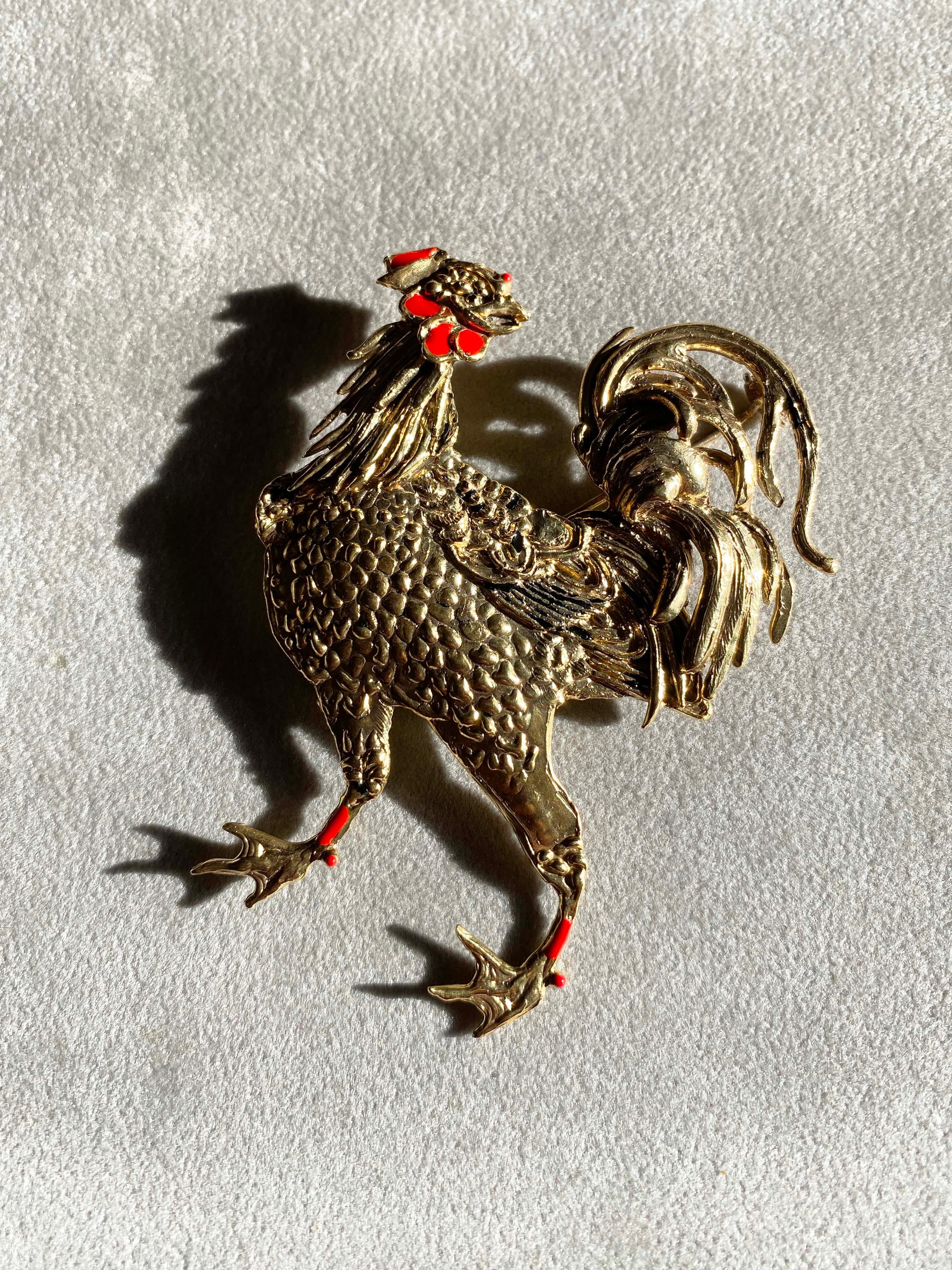 Rossella Ugolini 24k Gold-plated Enameled Cock Brooch For Sale 1