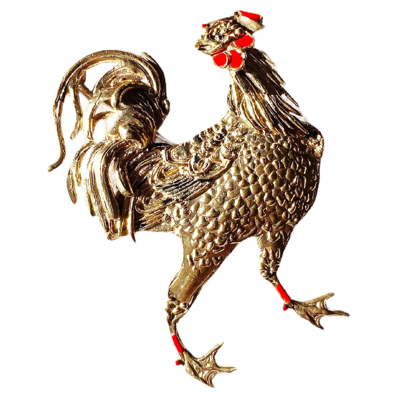 Rossella Ugolini 24k Gold-plated Enameled Cock Brooch For Sale