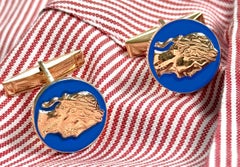 Rossella Ugolini 24k Yellow Gold Plated Blue Enamel Handcrafted Coin Cufflinks