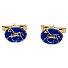 Rossella Ugolini 24k Yellow Gold Plated Blue Enamel Handcrafted Horse Cufflinks