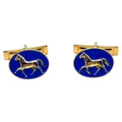 Rossella Ugolini 24k Yellow Gold Plated Blue Enamel Handcrafted Horse Cufflinks