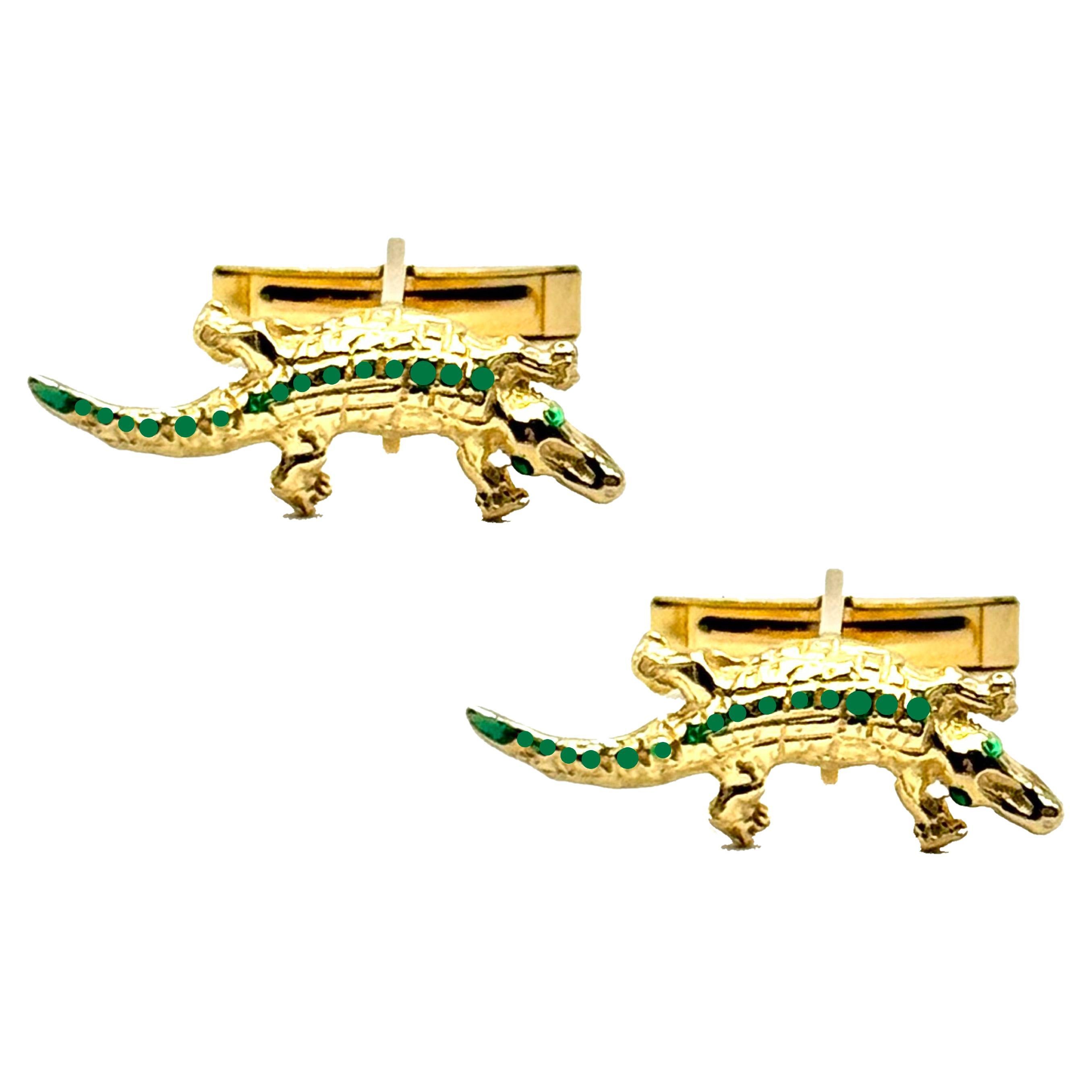 Rossella Ugolini 24k Yellow Gold Plated Green Enamel Crocodile Cufflinks For Sale
