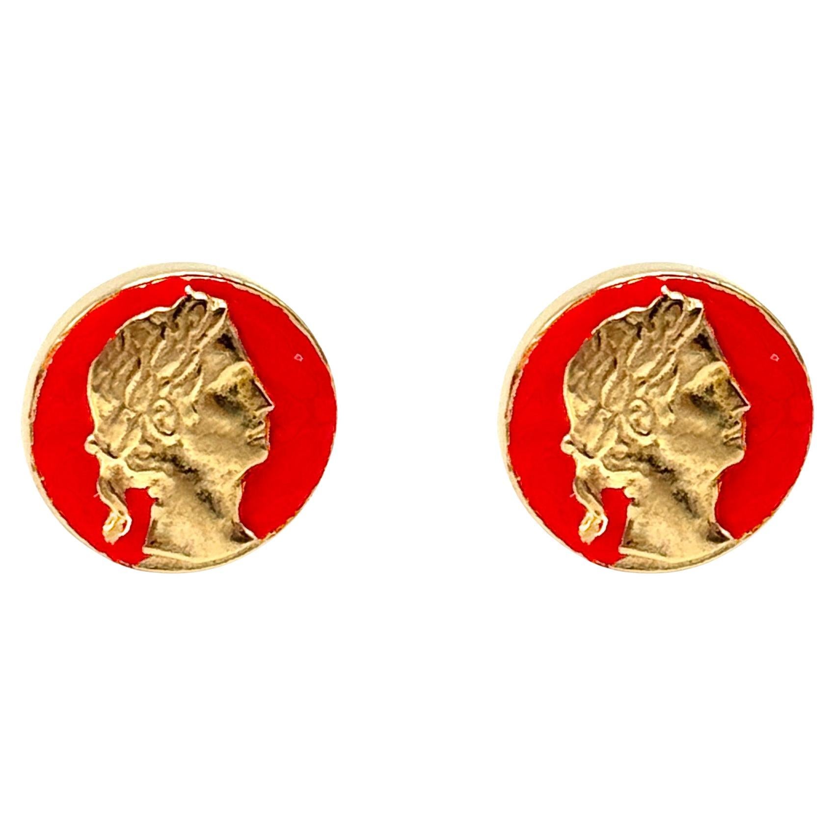 Rossella Ugolini, gemelli a moneta artigianali placcati oro giallo 24 carati e smalto rosso