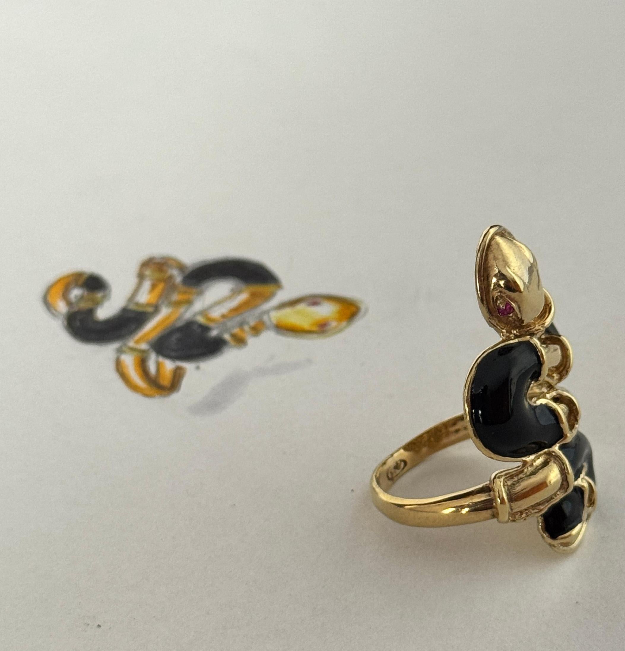 Rossella Ugolini 24k Gelbgold plattiert Rubin Auge Schwarz Emaille Schlange Ring im Angebot 6