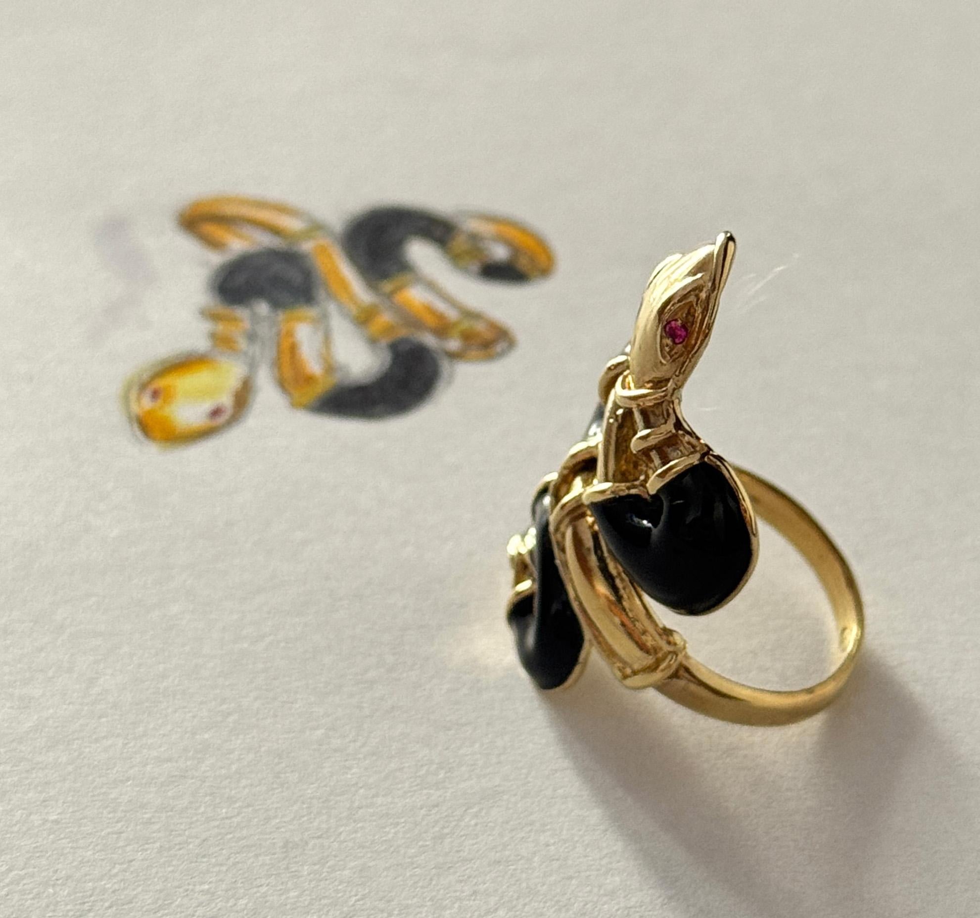 Rossella Ugolini 24k Gelbgold plattiert Rubin Auge Schwarz Emaille Schlange Ring im Angebot 7