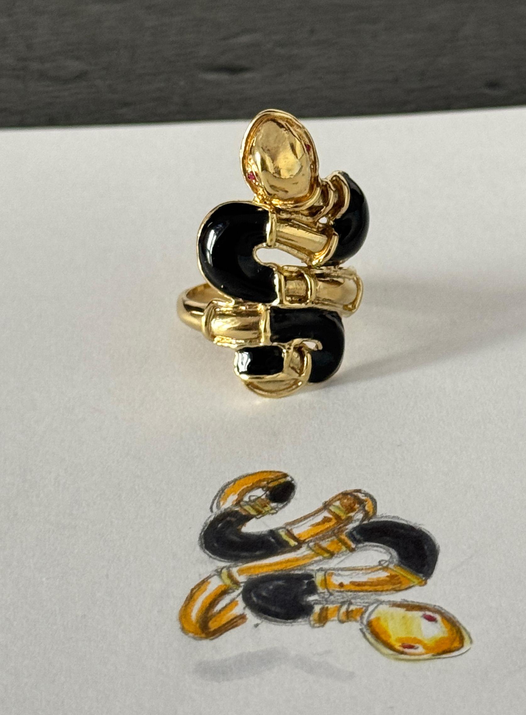 Rossella Ugolini 24k Gelbgold plattiert Rubin Auge Schwarz Emaille Schlange Ring Damen im Angebot