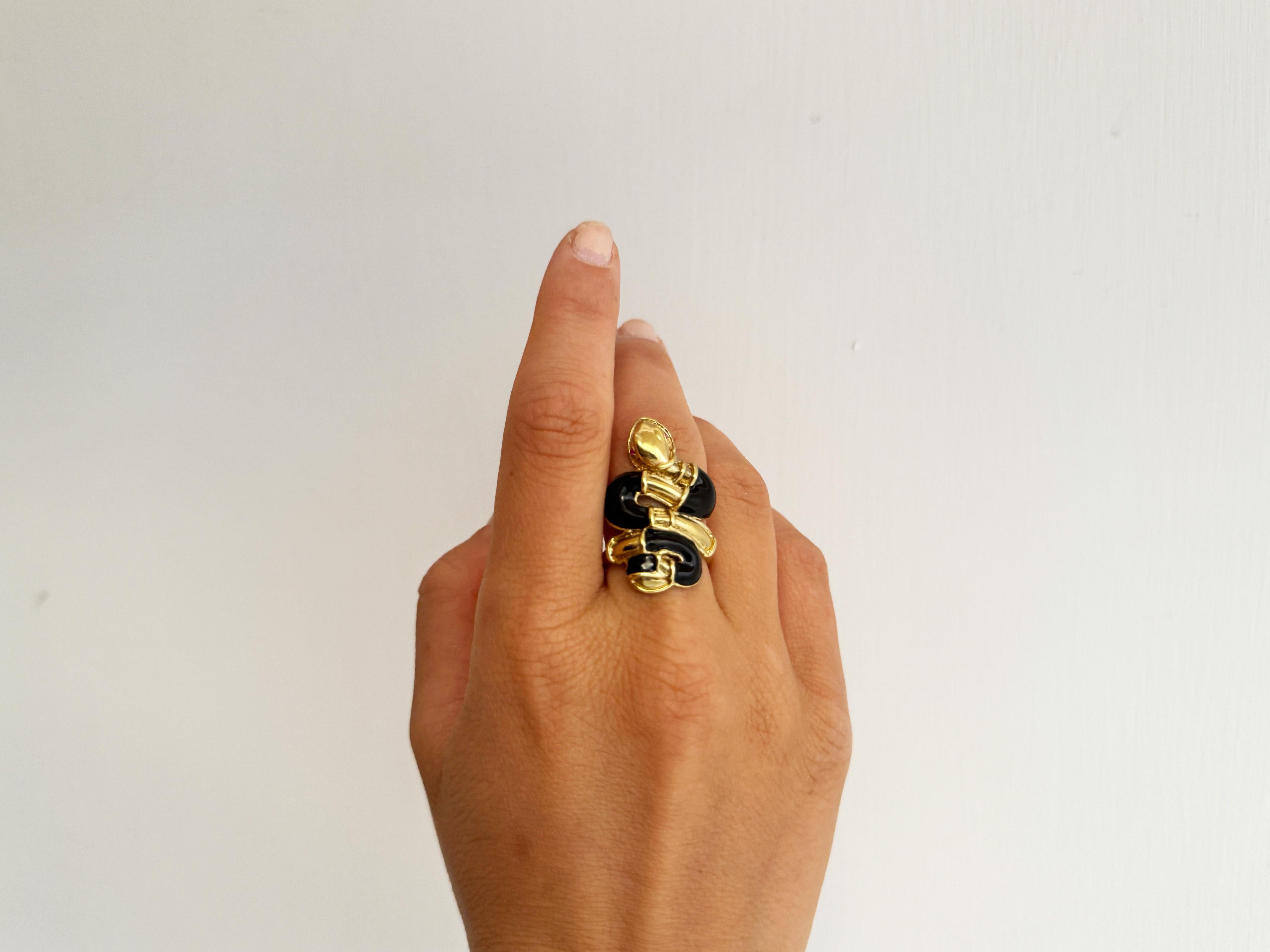 Rossella Ugolini 24k Gelbgold plattiert Rubin Auge Schwarz Emaille Schlange Ring im Angebot 1