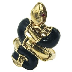 Rossella Ugolini 24k Gelbgold plattiert Rubin Auge Schwarz Emaille Schlange Ring