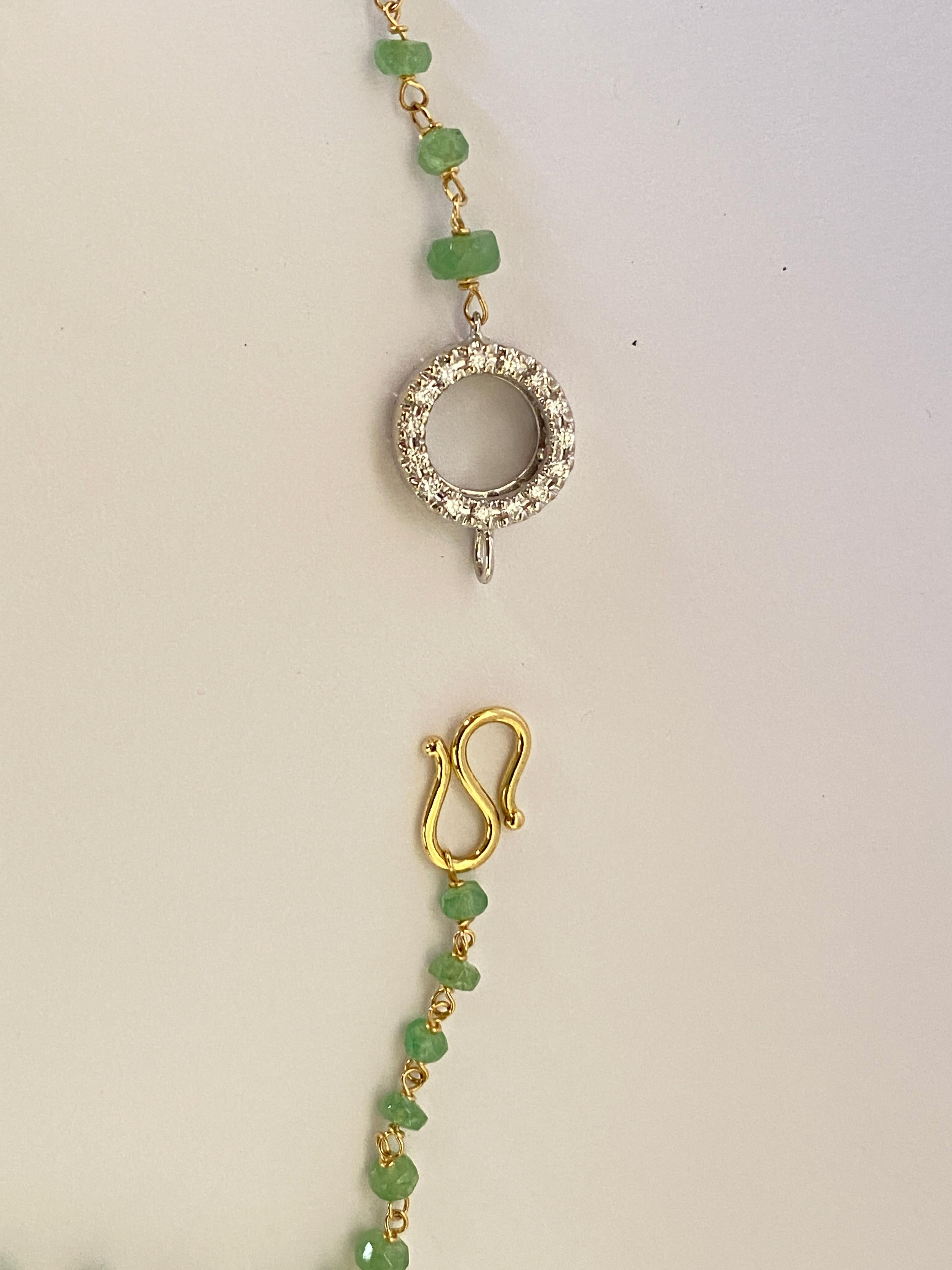 Rossella Ugolini 50 Carat Emerald Beads White Diamond 18k Yellow Gold Necklace For Sale 4