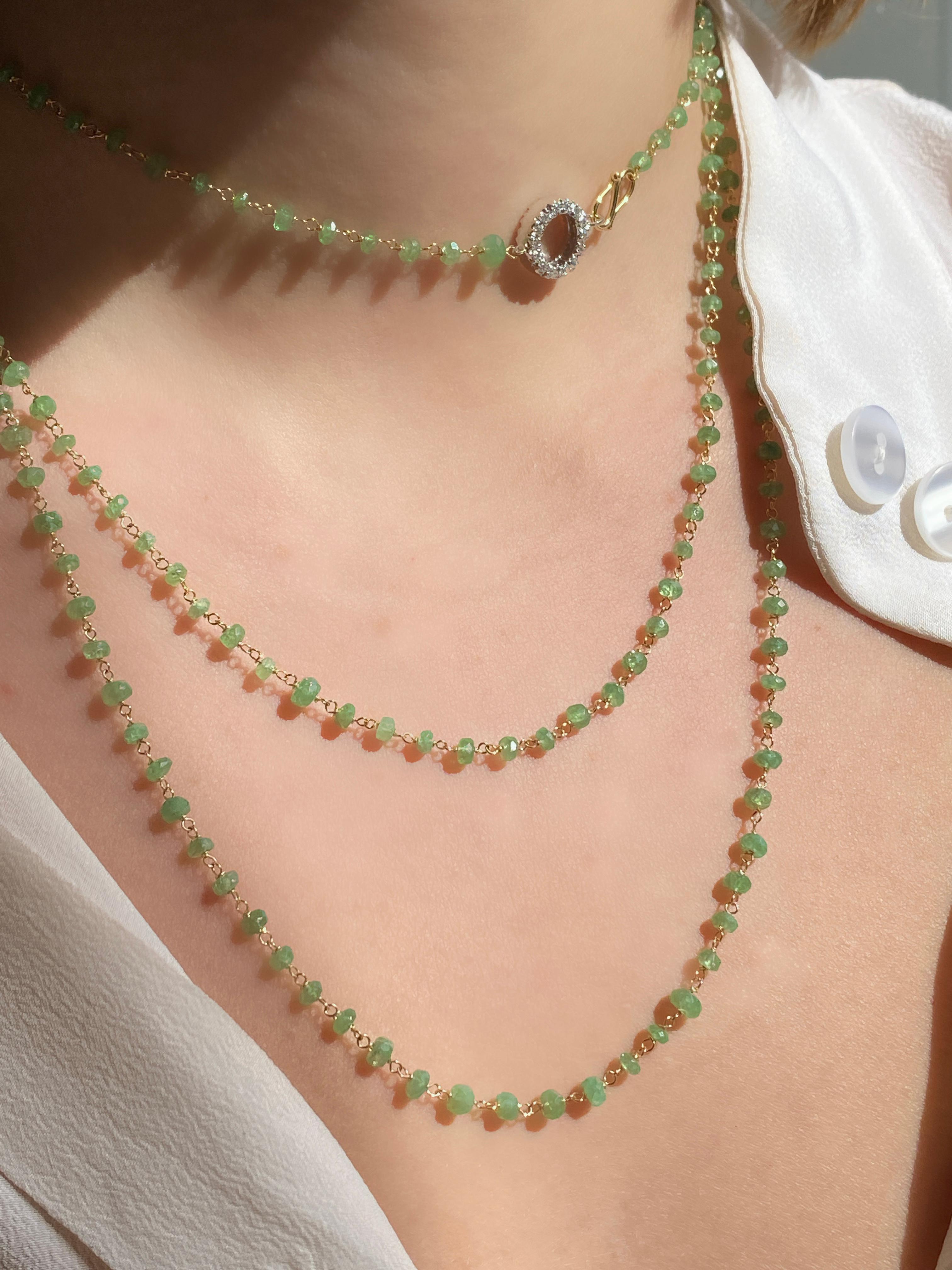 Rossella Ugolini 50 Carat Emerald Beads White Diamond 18k Yellow Gold Necklace For Sale 6