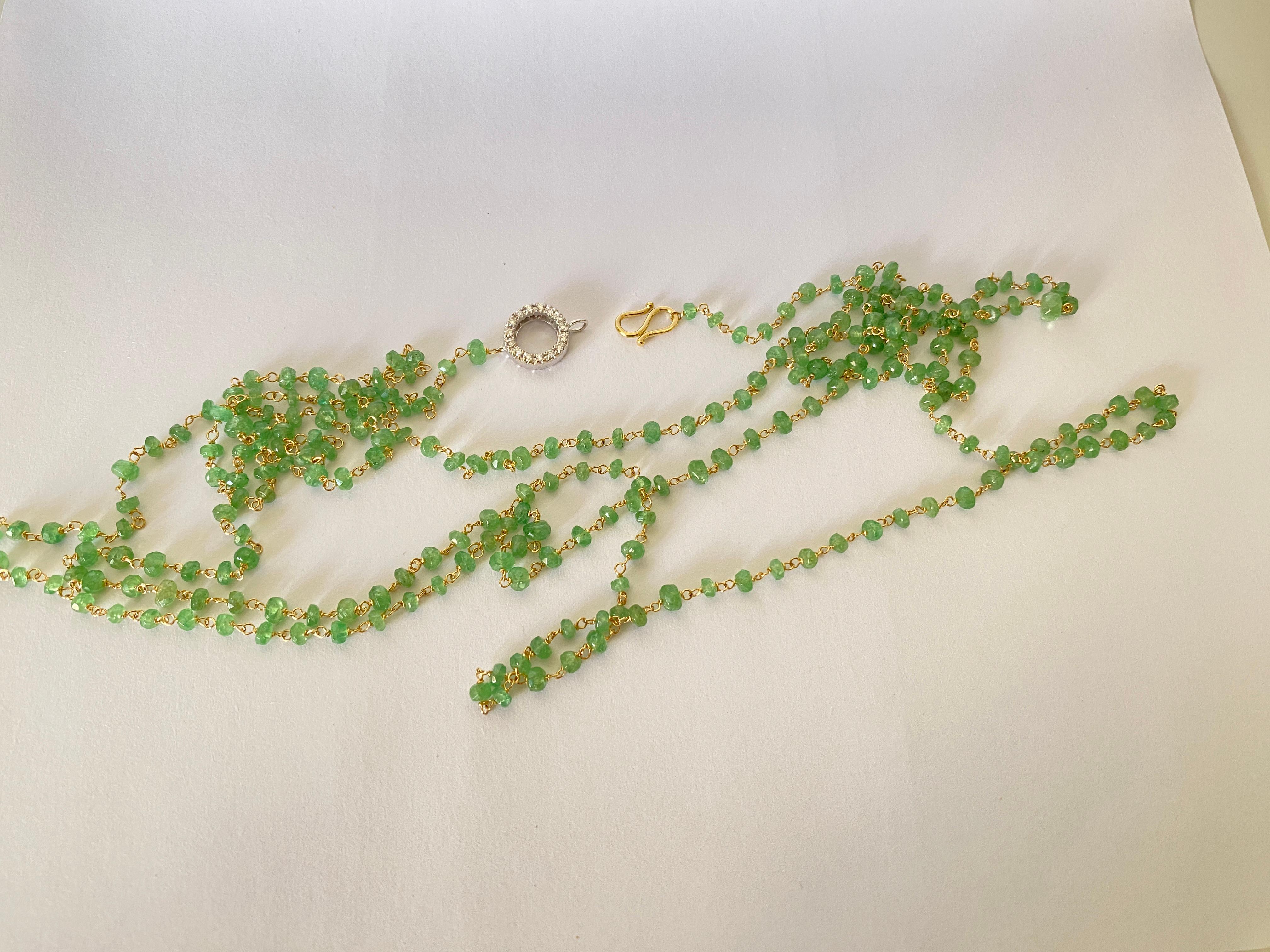 Rossella Ugolini 50 Carat Emerald Beads White Diamond 18k Yellow Gold Necklace For Sale 8