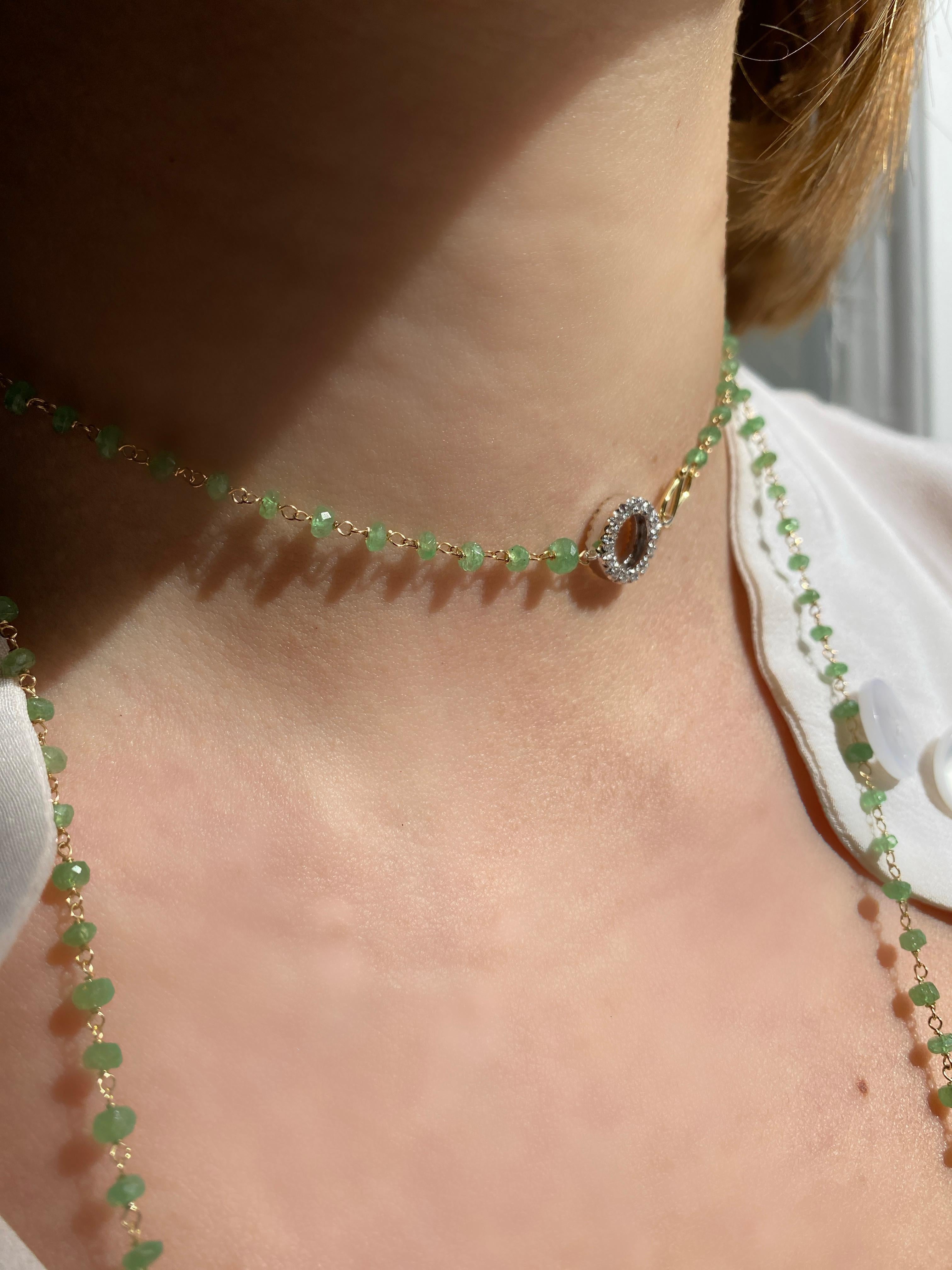 Ready to ship. Rossella Ugolini 18k Yellow Gold 50 carats Emerald beads, 0.30 carats White Diamonds, Multi-Strand Necklace. This One -of-a kind long sautoir necklace measures 47.24 inches (120 cm) in length and is composed of 231 carefully selected
