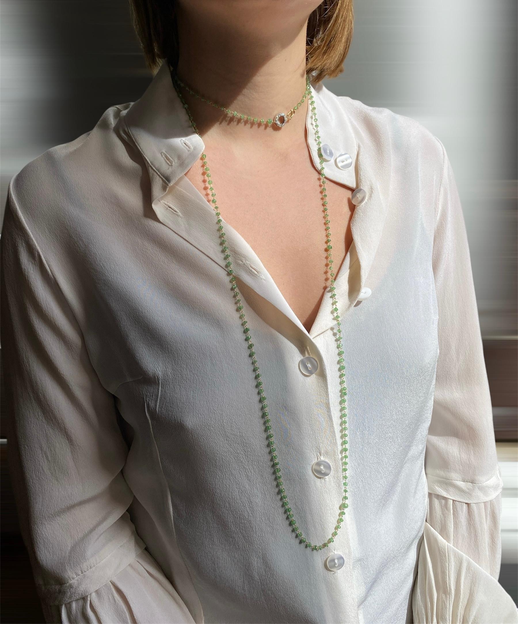 Modern Rossella Ugolini 50 Carat Emerald Beads White Diamond 18k Yellow Gold Necklace For Sale