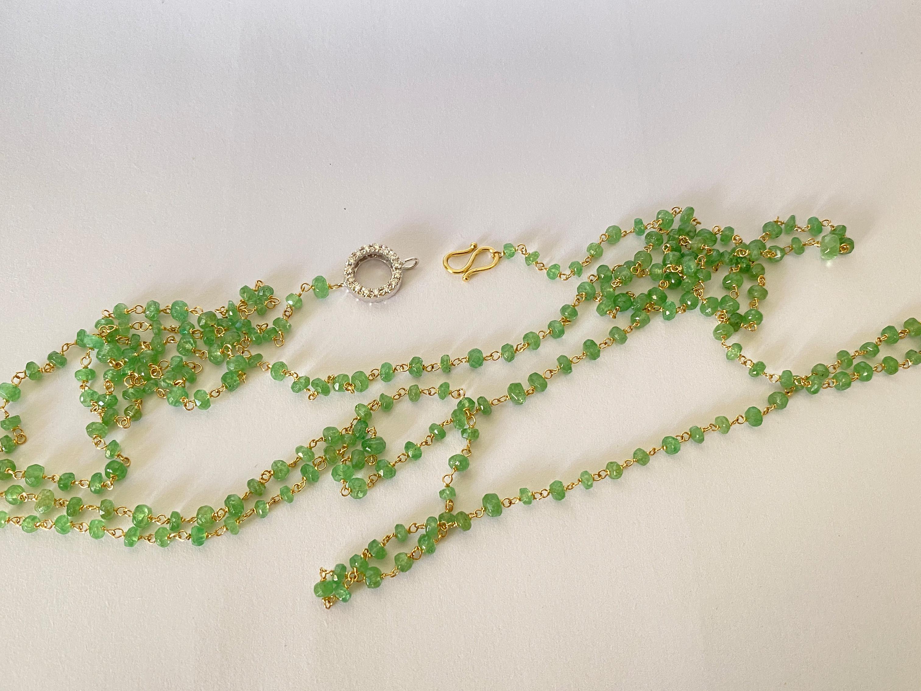 Brilliant Cut Rossella Ugolini 50 Carat Emerald Beads White Diamond 18k Yellow Gold Necklace For Sale
