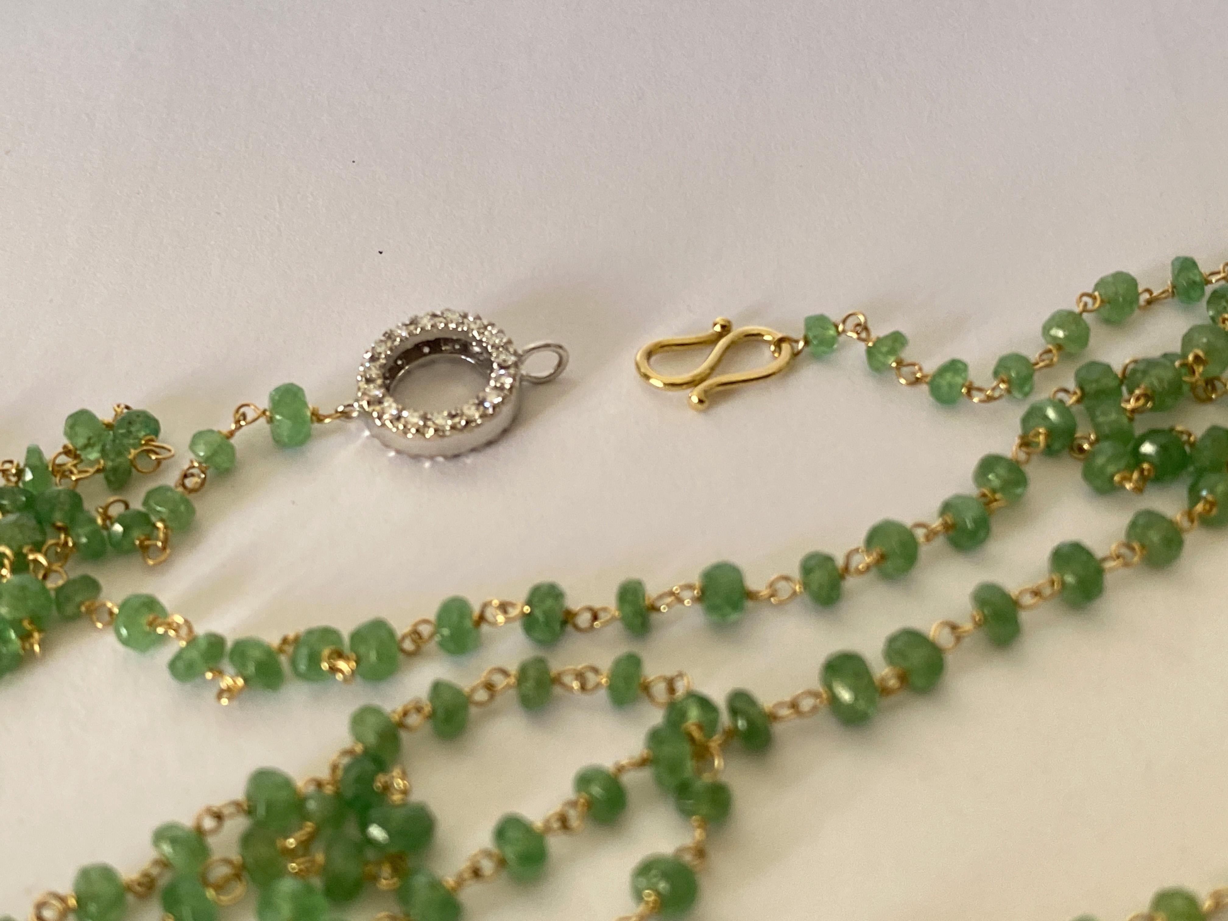 Rossella Ugolini 50 Carat Emerald Beads White Diamond 18k Yellow Gold Necklace In New Condition For Sale In Rome, IT
