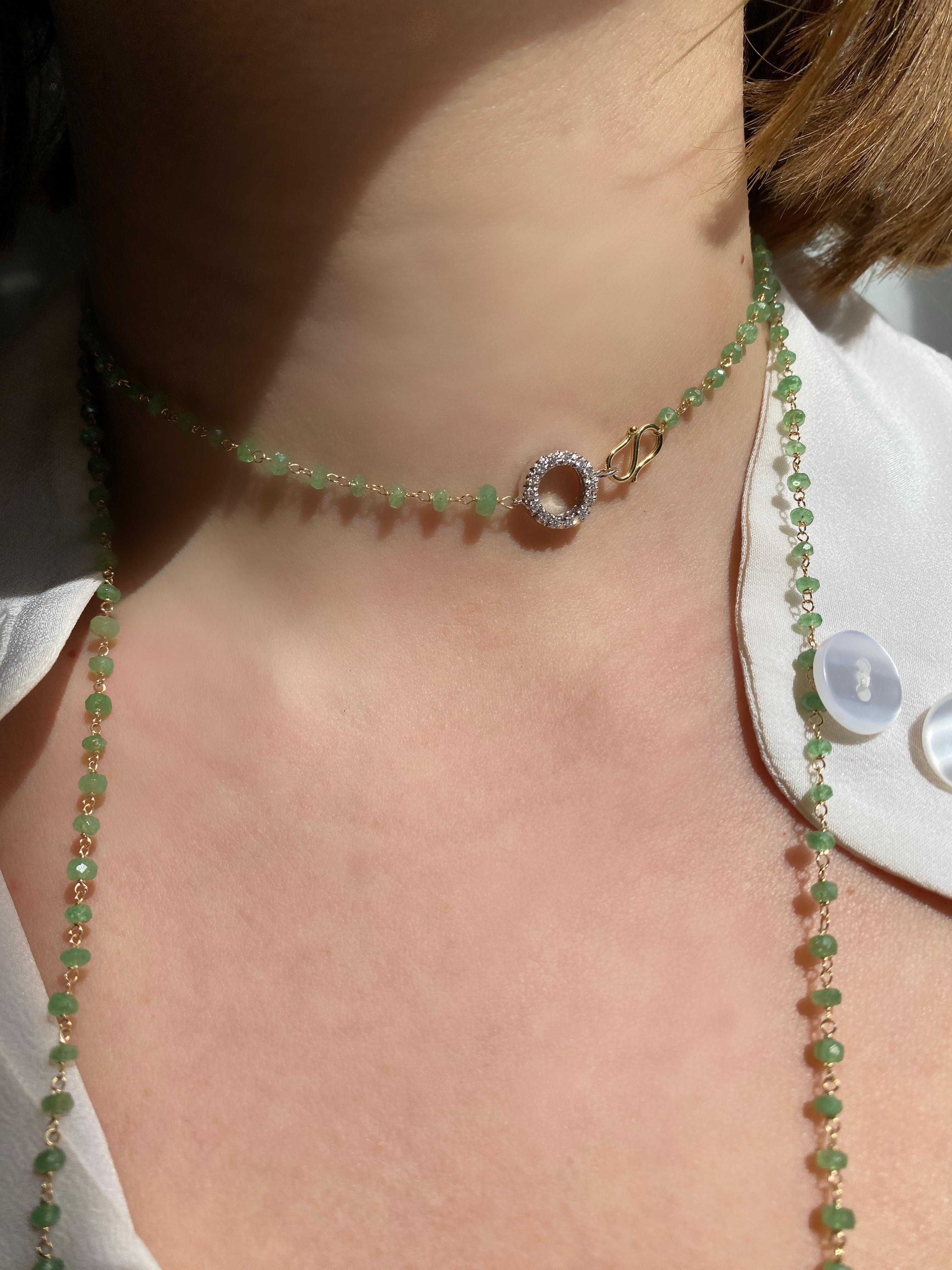 Women's Rossella Ugolini 50 Carat Emerald Beads White Diamond 18k Yellow Gold Necklace For Sale