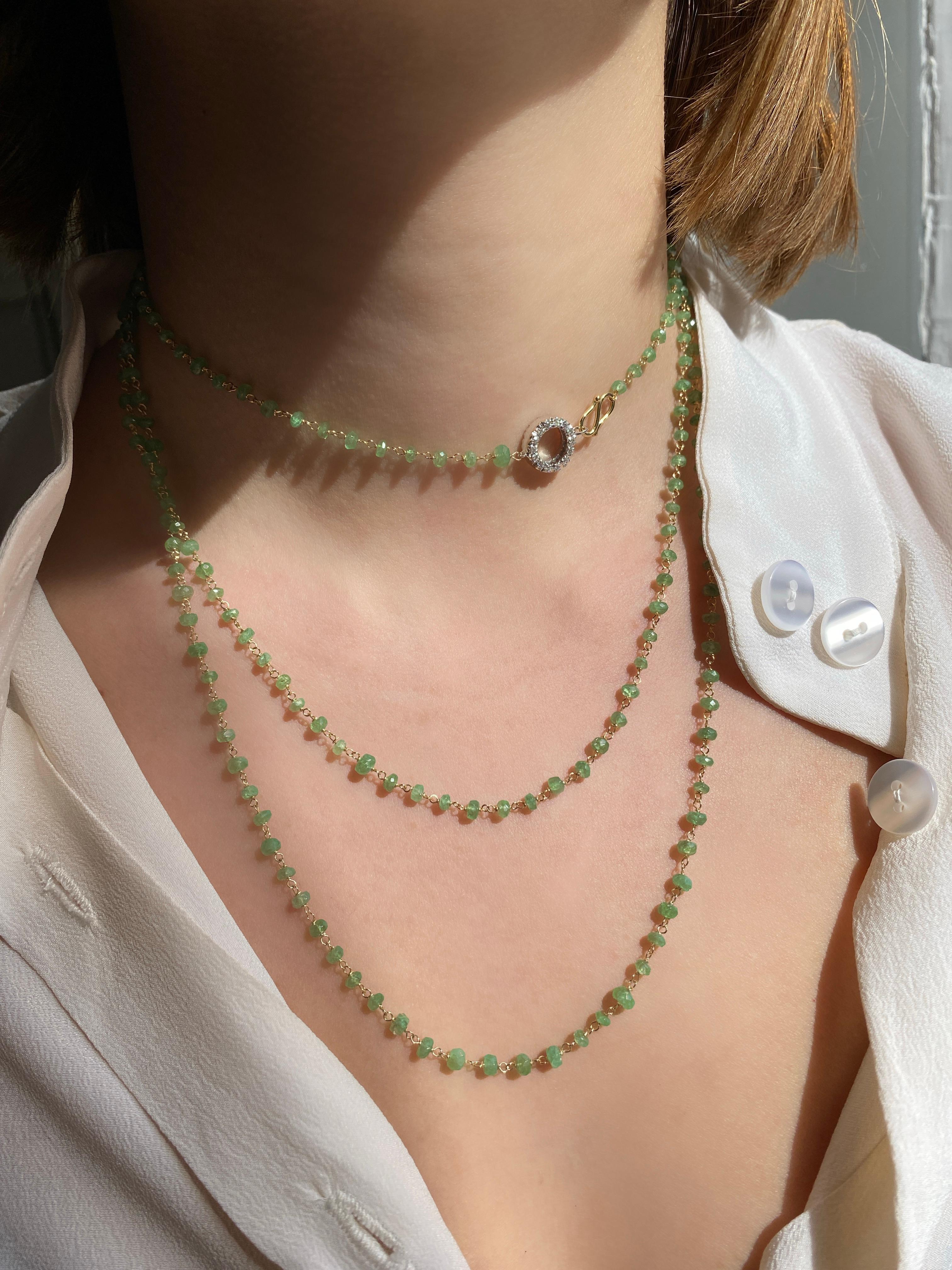 Rossella Ugolini 50 Carat Emerald Beads White Diamond 18k Yellow Gold Necklace For Sale 1