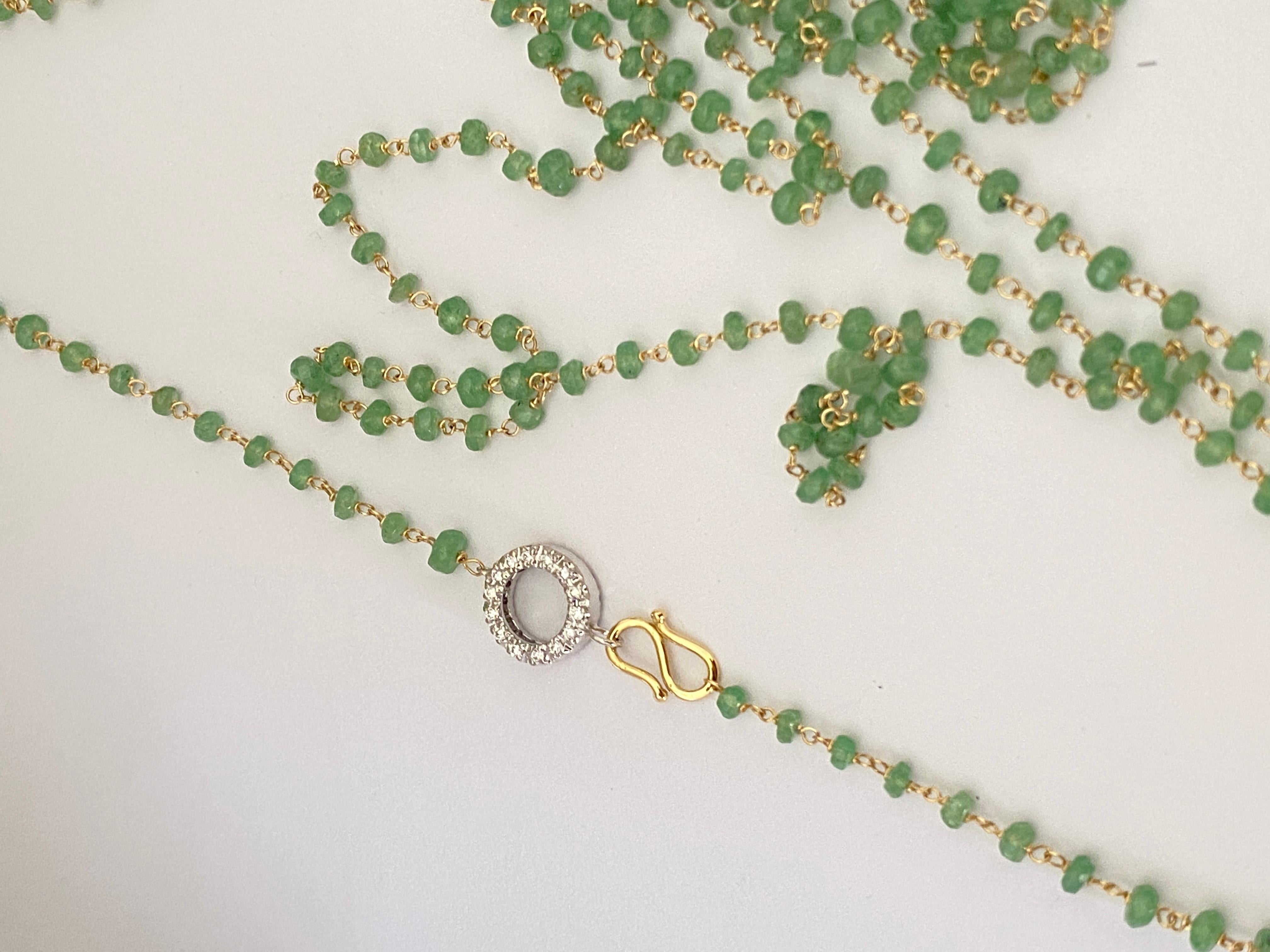 Rossella Ugolini 50 Carat Emerald Beads White Diamond 18k Yellow Gold Necklace For Sale 3