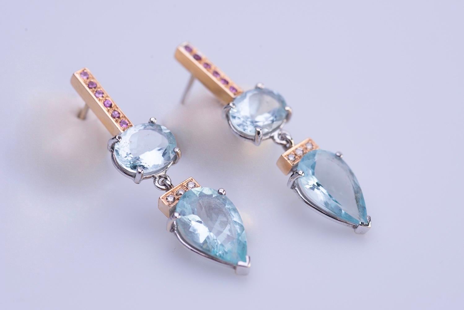 Oval Cut Rossella Ugolini 9.70 Carat Aquamarine 18K Gold Sapphire Diamond Dangle Earrings For Sale