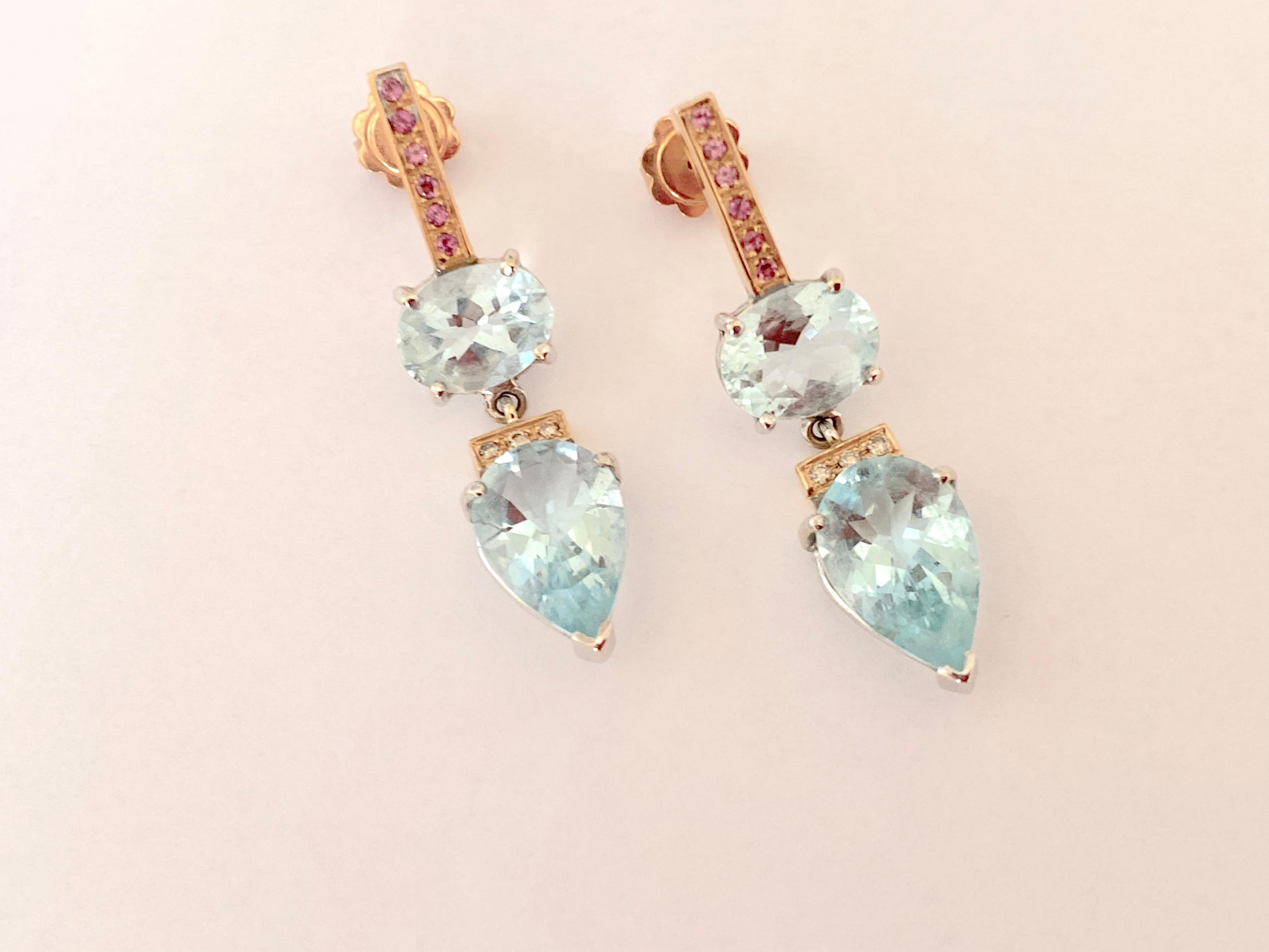 Women's Rossella Ugolini 9.70 Carat Aquamarine 18K Gold Sapphire Diamond Dangle Earrings For Sale