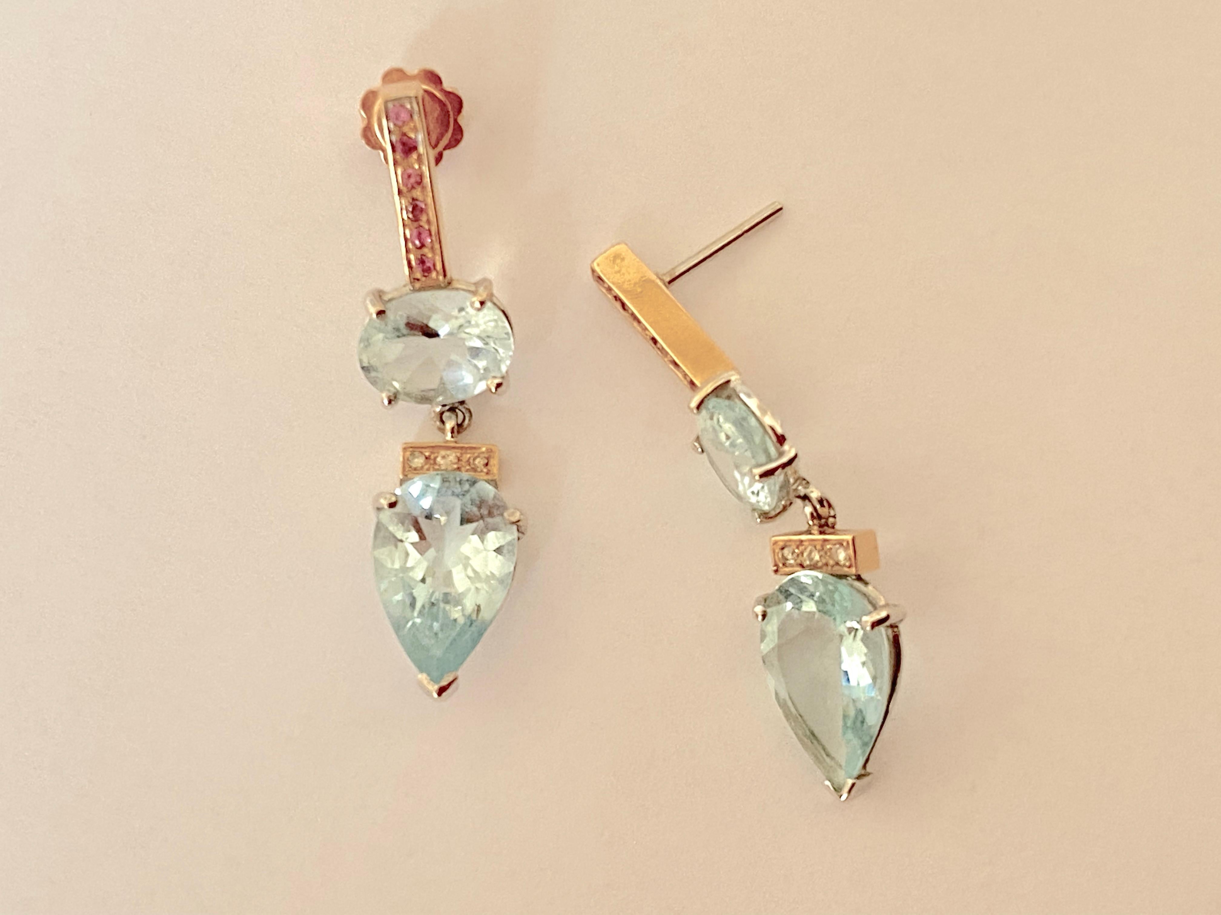 Rossella Ugolini 9.70 Carat Aquamarine 18K Gold Sapphire Diamond Dangle Earrings For Sale 1