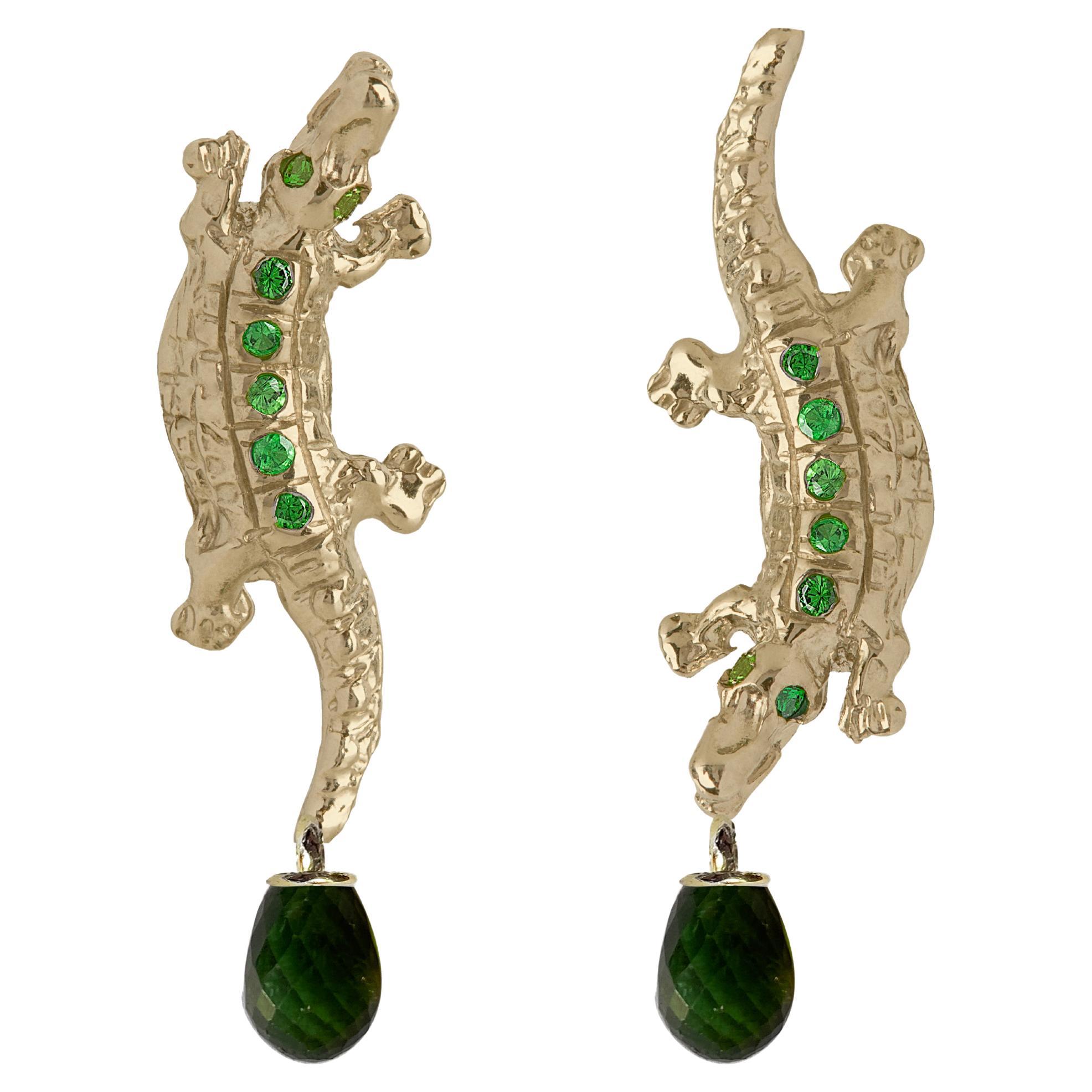 Rossella Ugolini Alligator 18K Yellow Gold Emerald Unisex Earrings For Sale