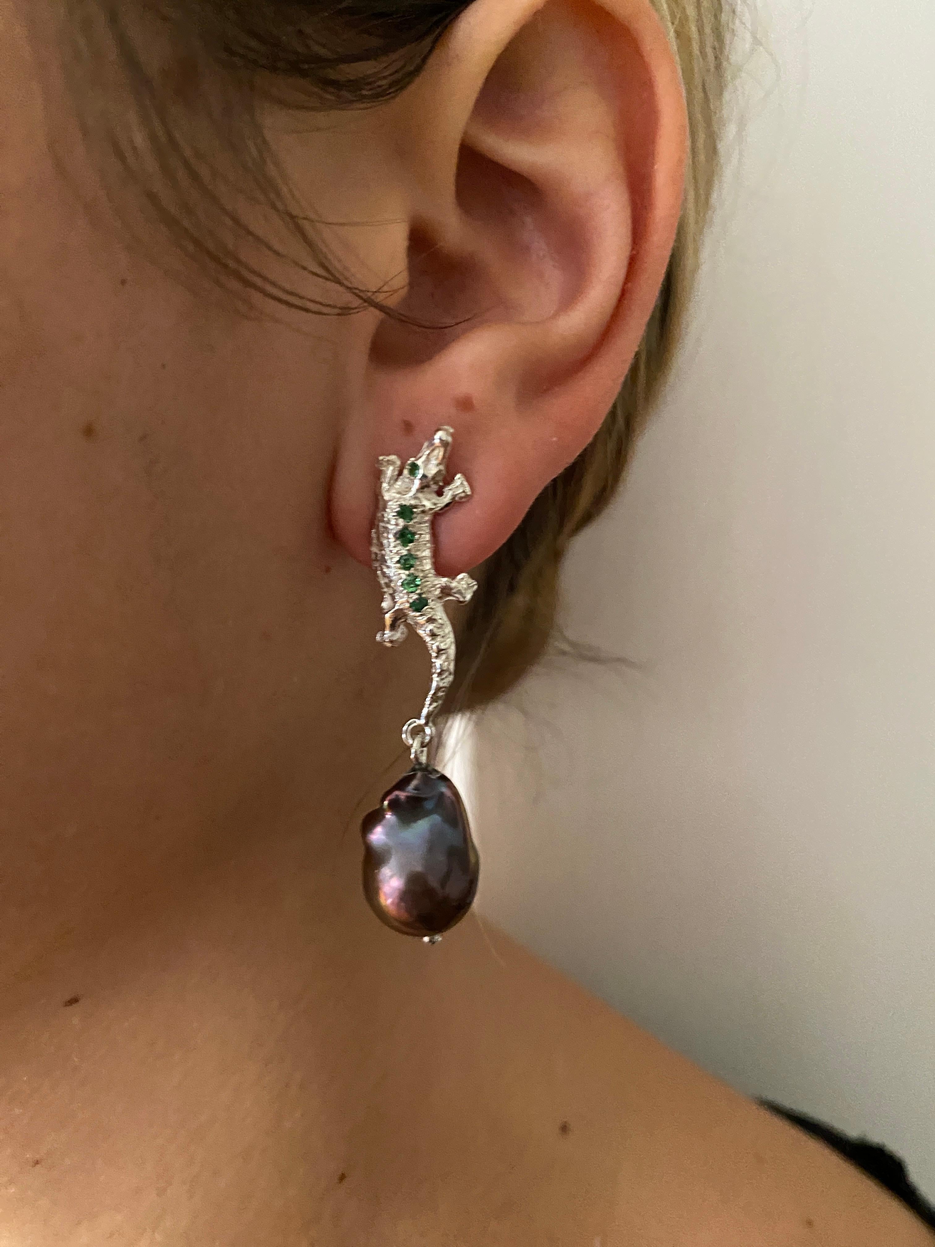 Rossella Ugolini Alligator Pendant Wild Silver Sterling Tsavorite Earrings For Sale 5