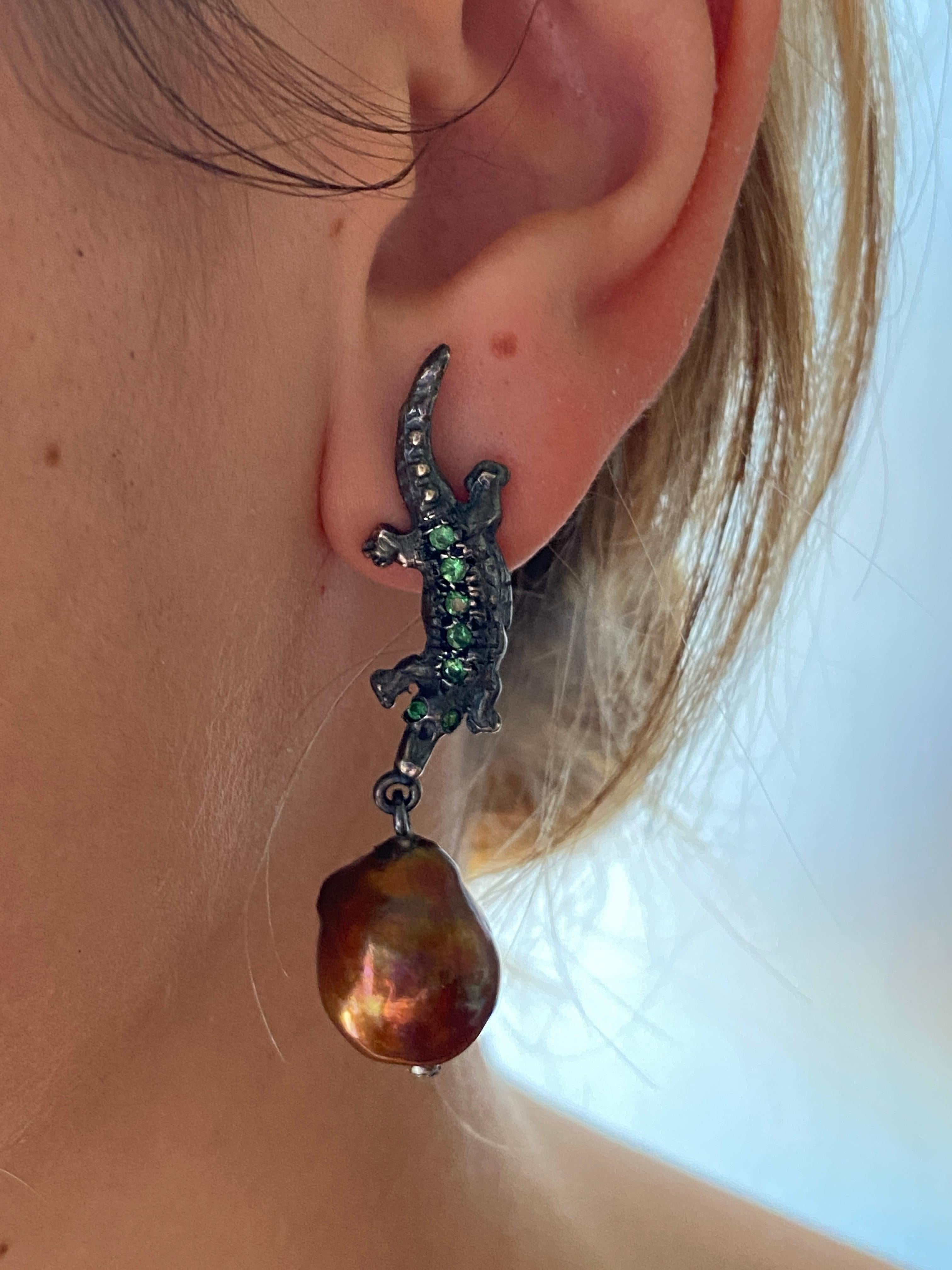 Rossella Ugolini Alligator Pendant Wild Silver Sterling Tsavorite Earrings For Sale 7
