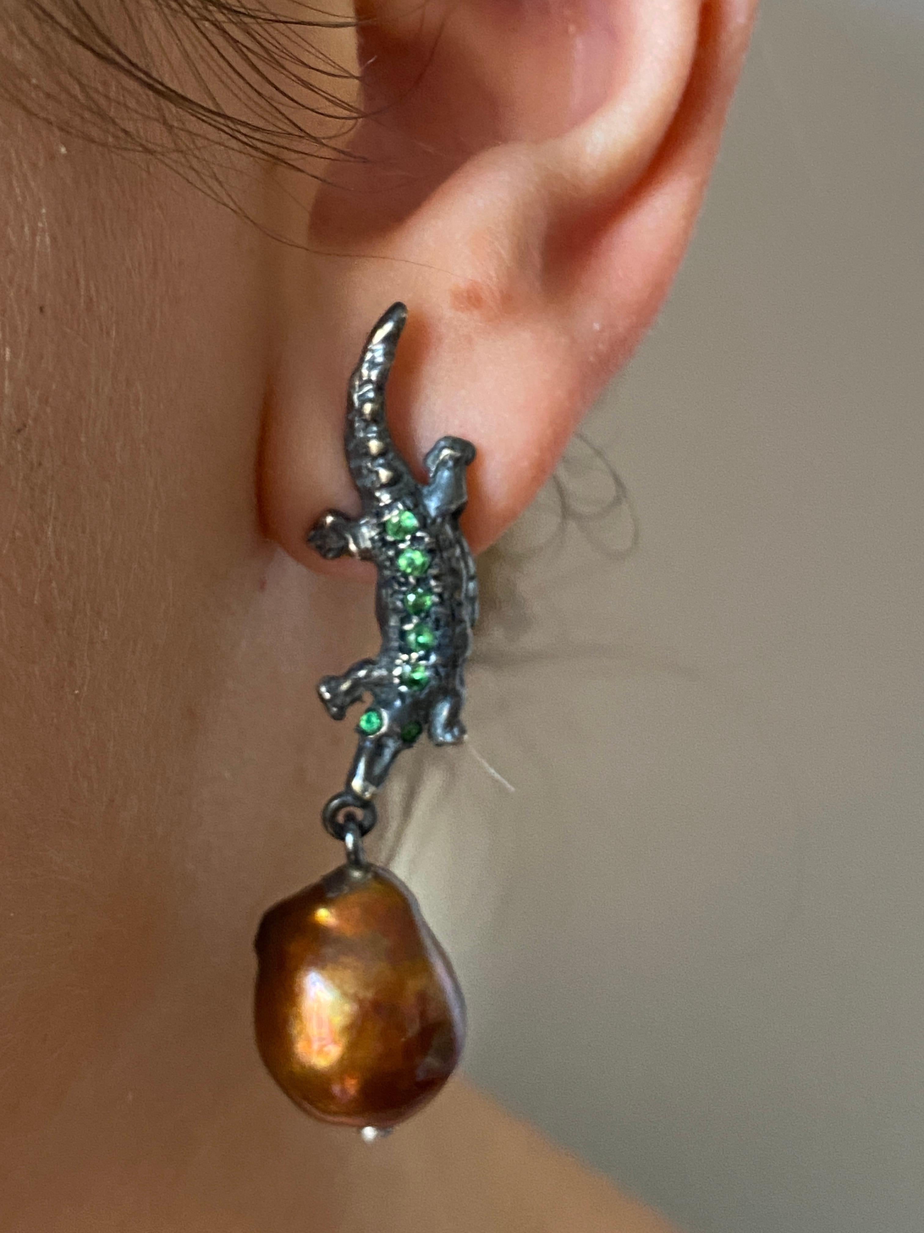 Rossella Ugolini Alligator Pendant Wild Silver Sterling Tsavorite Earrings For Sale 3
